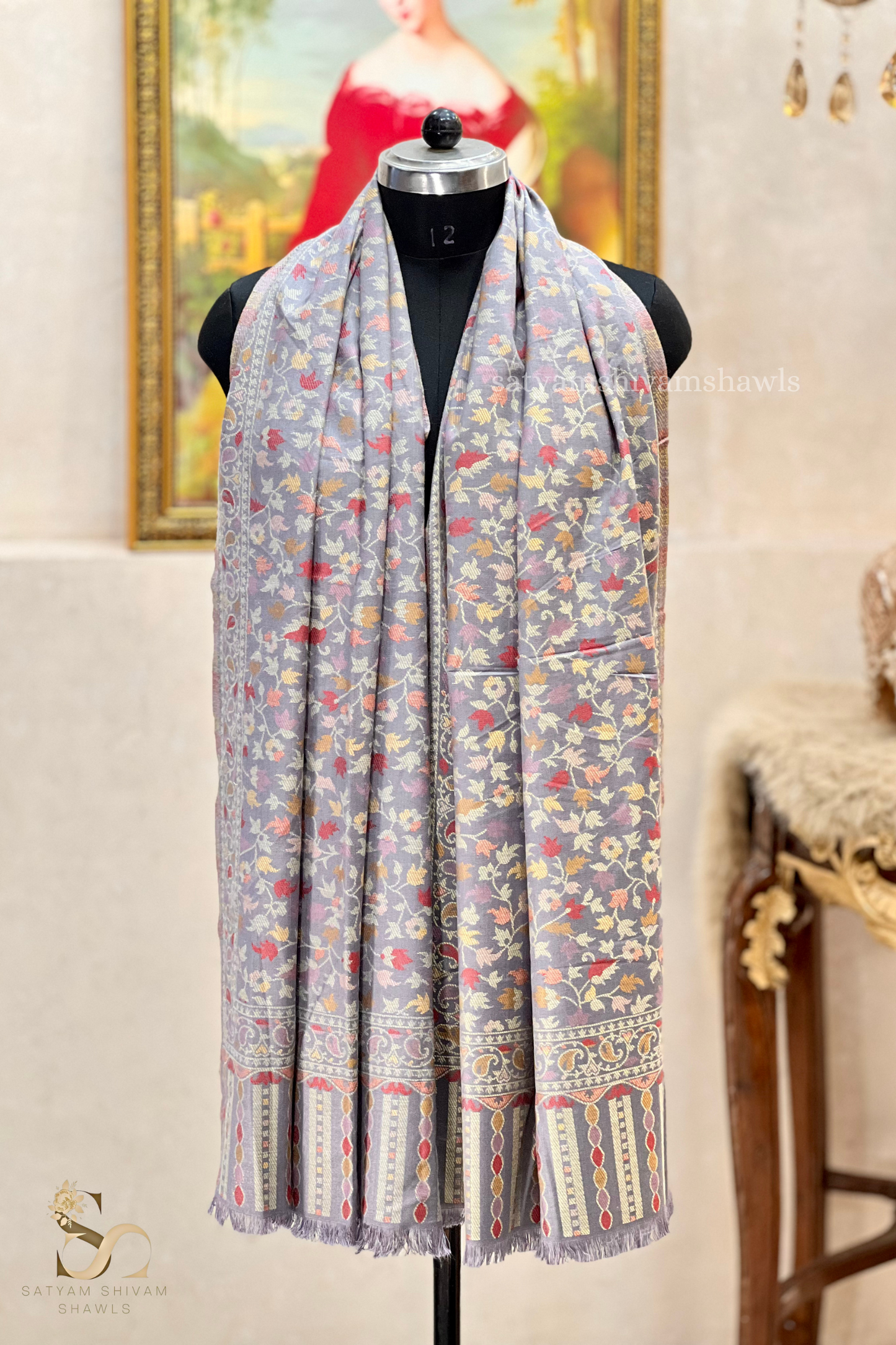 noor-e-kani multi pure wool stole,grey