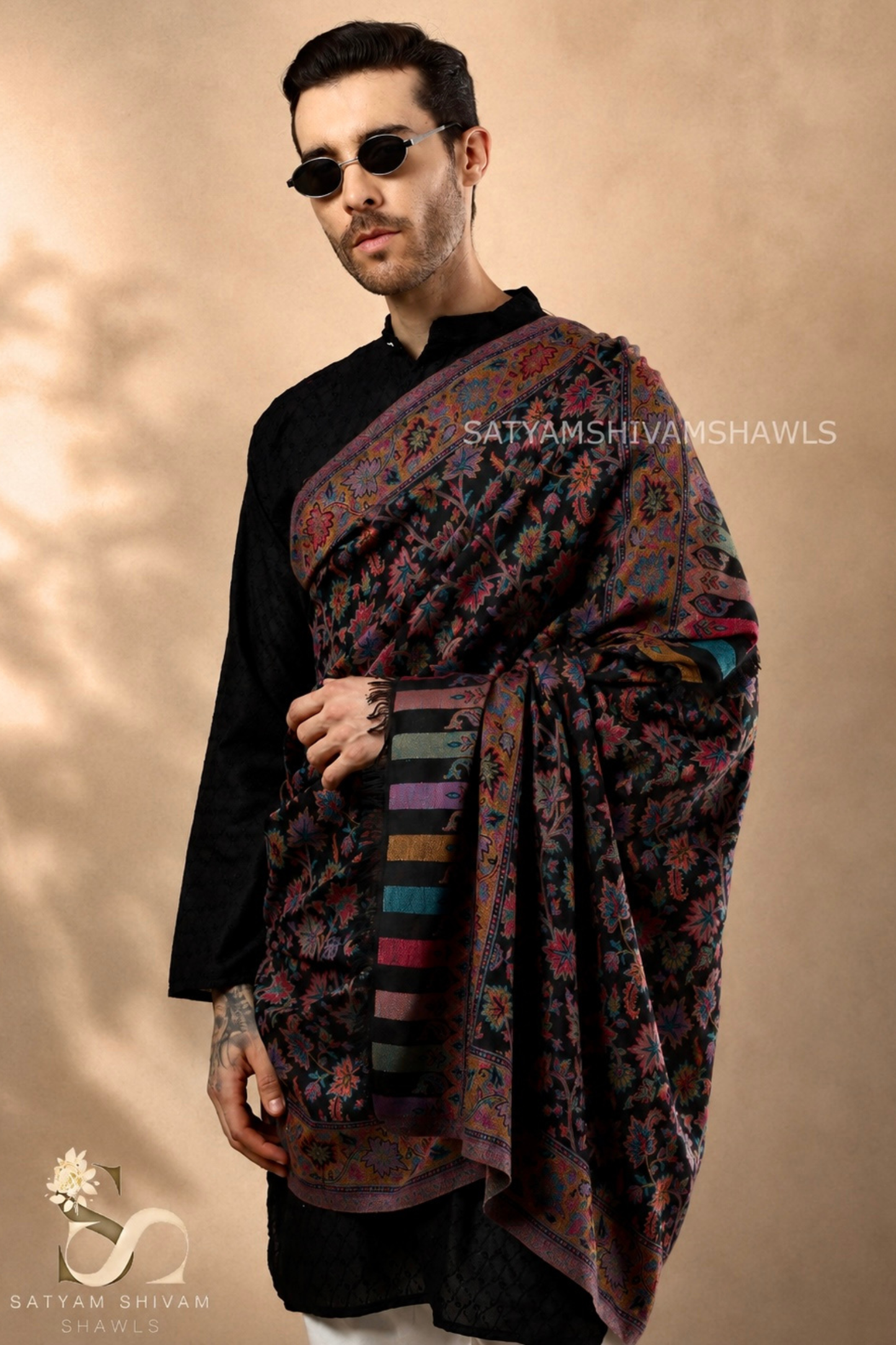 MENS ETHNIC KASHMIRI CHINAR DESIGN KANI  SHAWL, Light Weight, Soft And Warm, BLACK