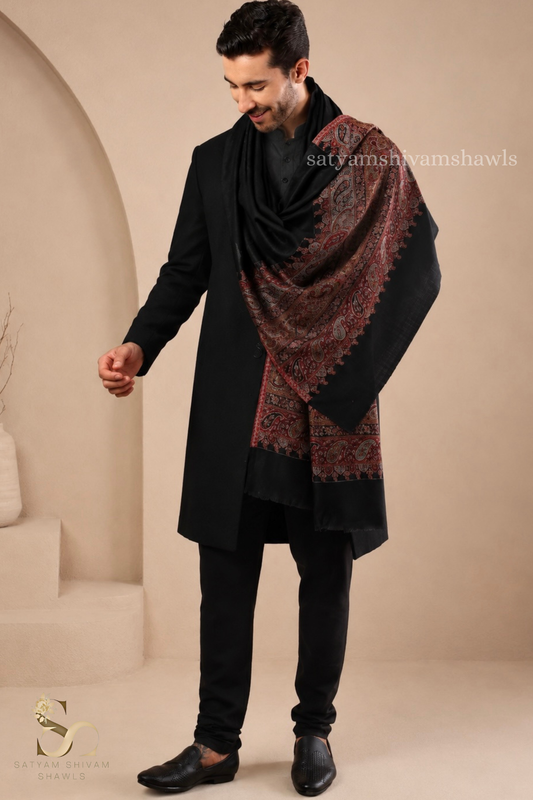 EXTRA FINE WOOL KASHMIRI PAISLEY PALLA  MENS STOLE, BLACK