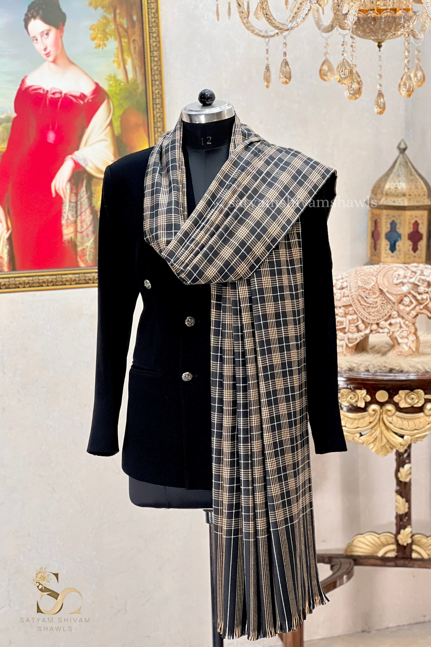 Mens Woven Check Shawl-pure wool , full size,black