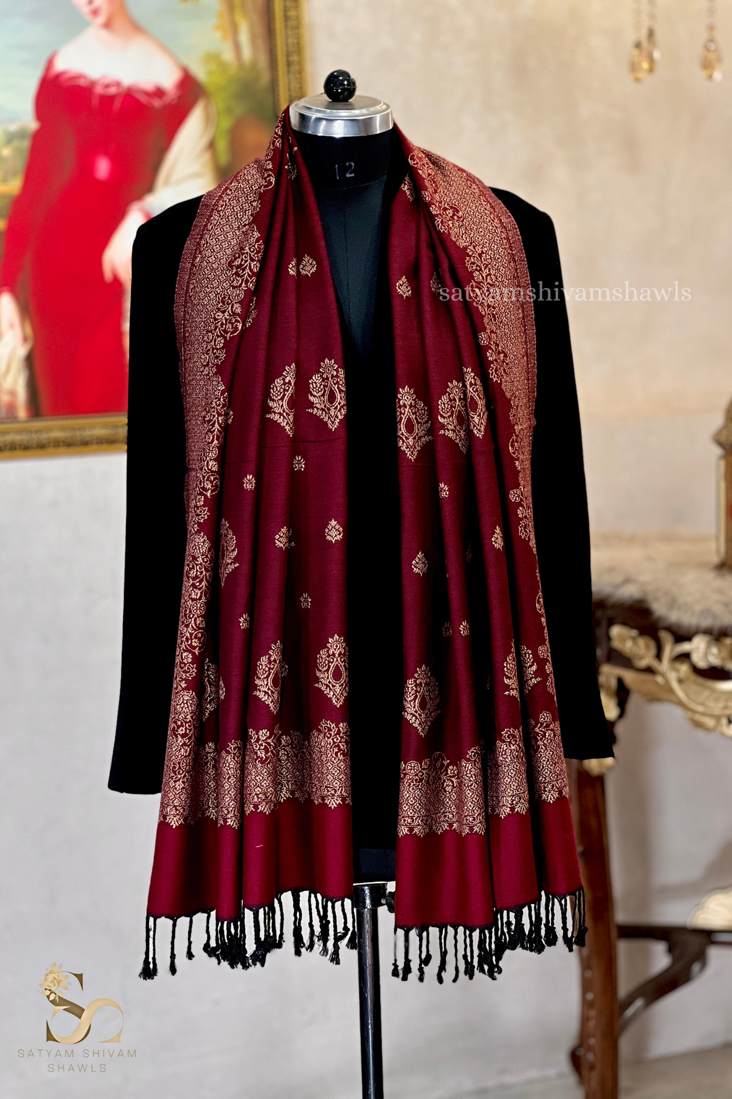 pure wool zari weaved stole,wine