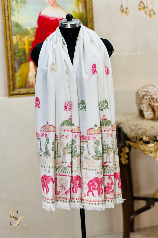 Dholi theme elephant design pure wool stole,white