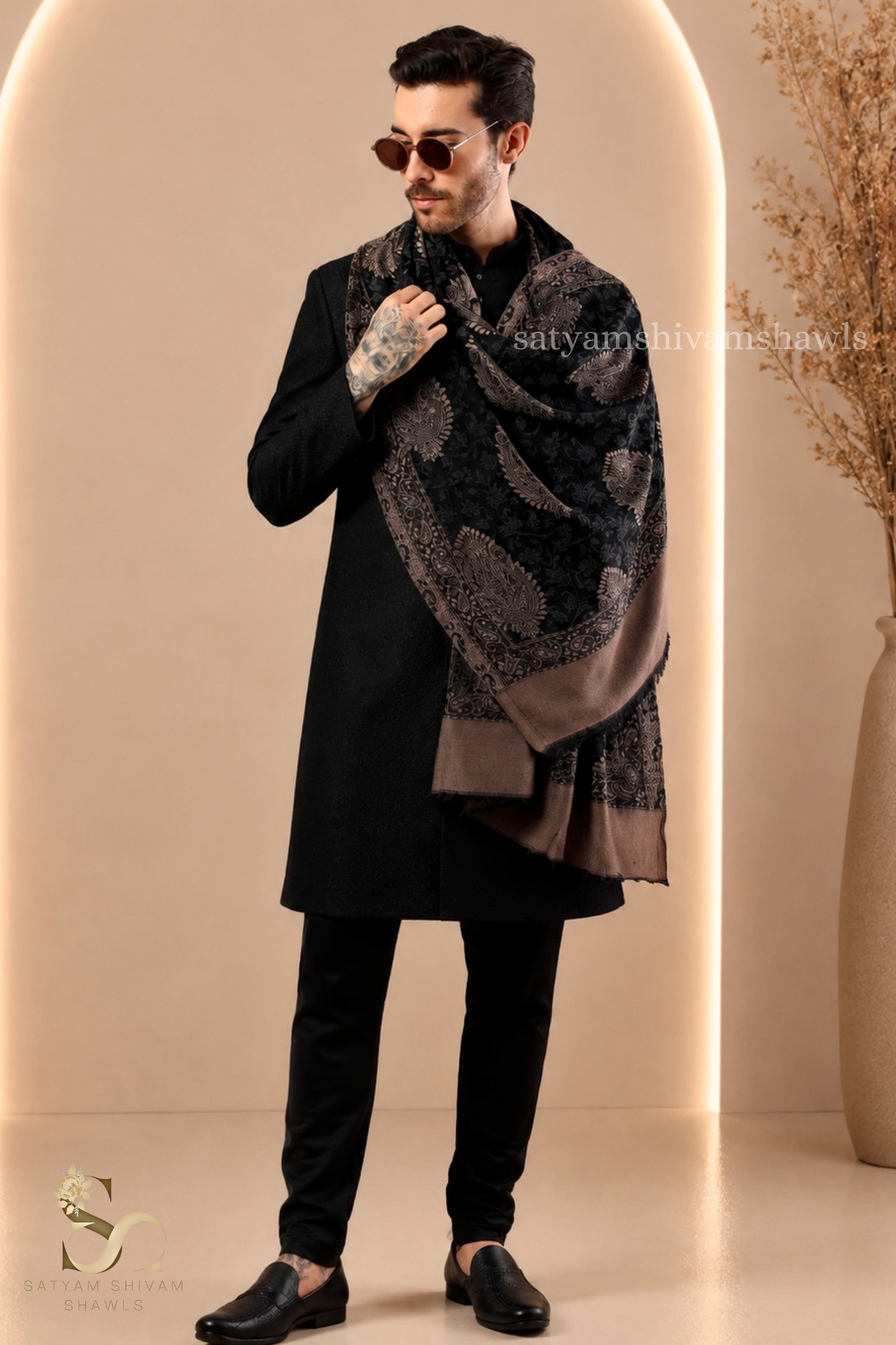 TURKISH SELF KANI WOVEN DESIGN,STOLE,BLACK,MENS