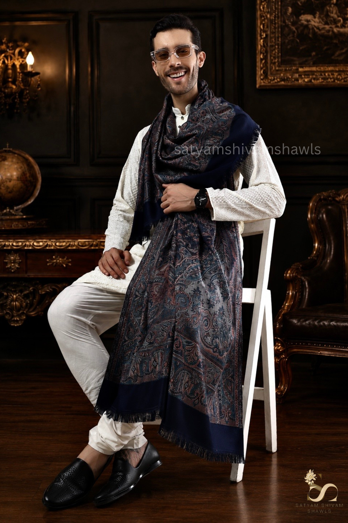 VINTAGE ROYAL JAMAWAR PAISLEY KANI DESIGN MENS SHAWL,NAVYBLUE