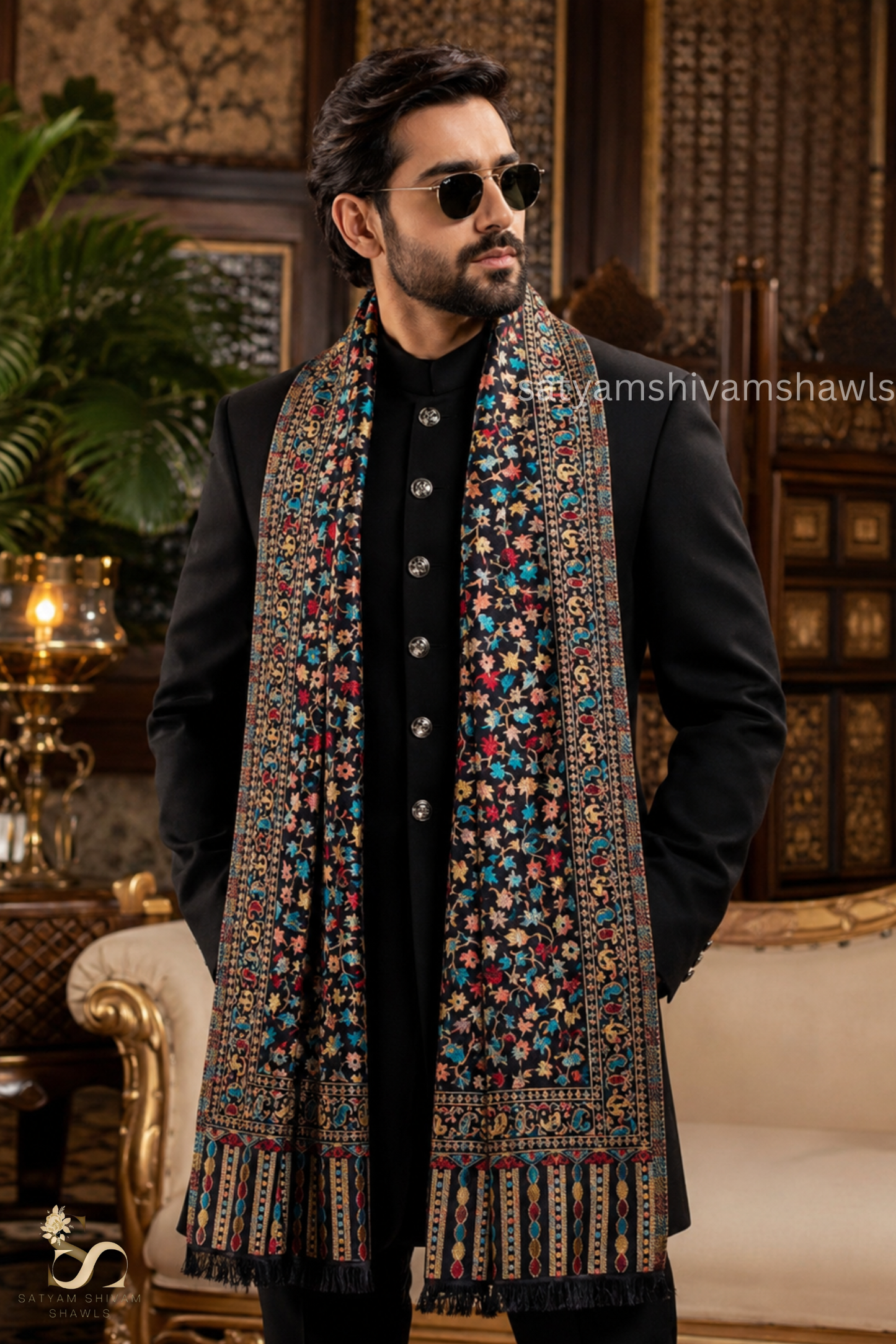 noor-e-kani multi pure wool stole,black