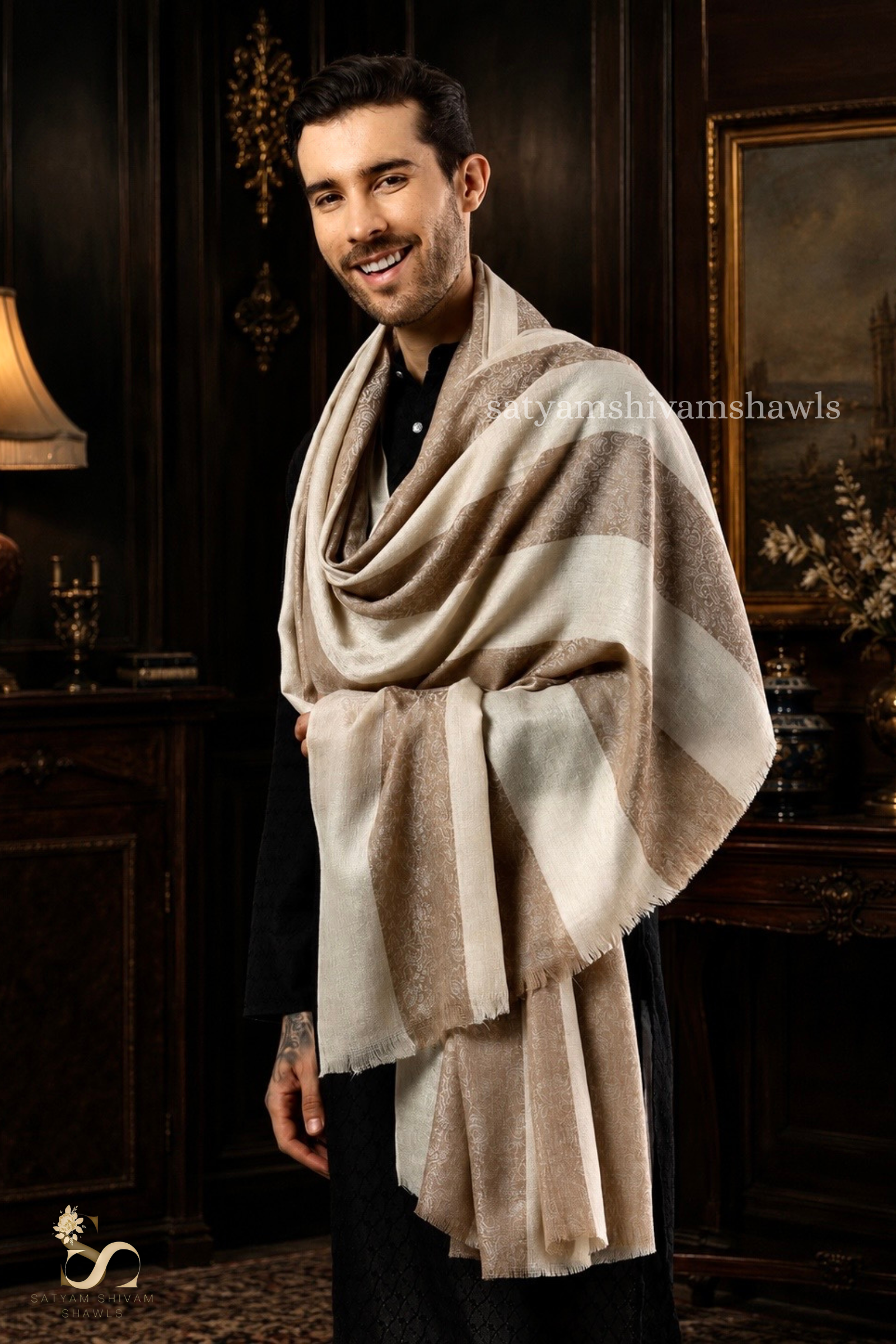 ROYAL LUXURY PASHMINA RING PASS GENTS LOHI KASHMIRI AUTHENTIC SELF STRIPS DESIGN , SKIN CAMEL COLOUR