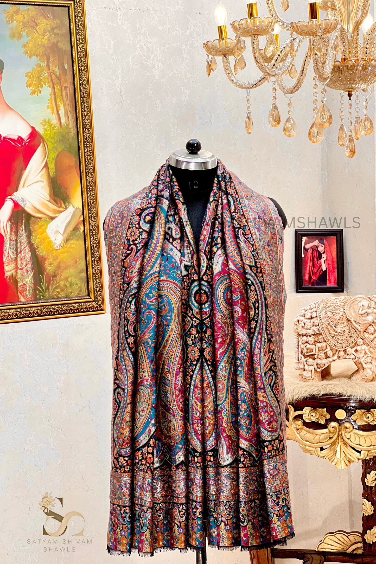 TURKEY ARABIC ZARI  KANI WOVEN SHAWL,WARM AND SOFT,VINTAGE BLACK