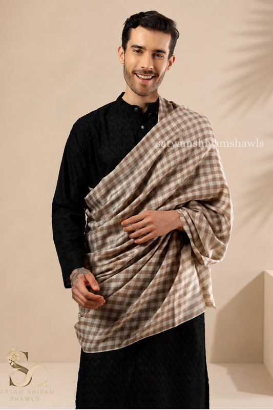 ROYAL LUXURY PASHMINA GENTS LOHI MIST CHECK DESIGN ,CAMEL SKIN,FULL SIZE