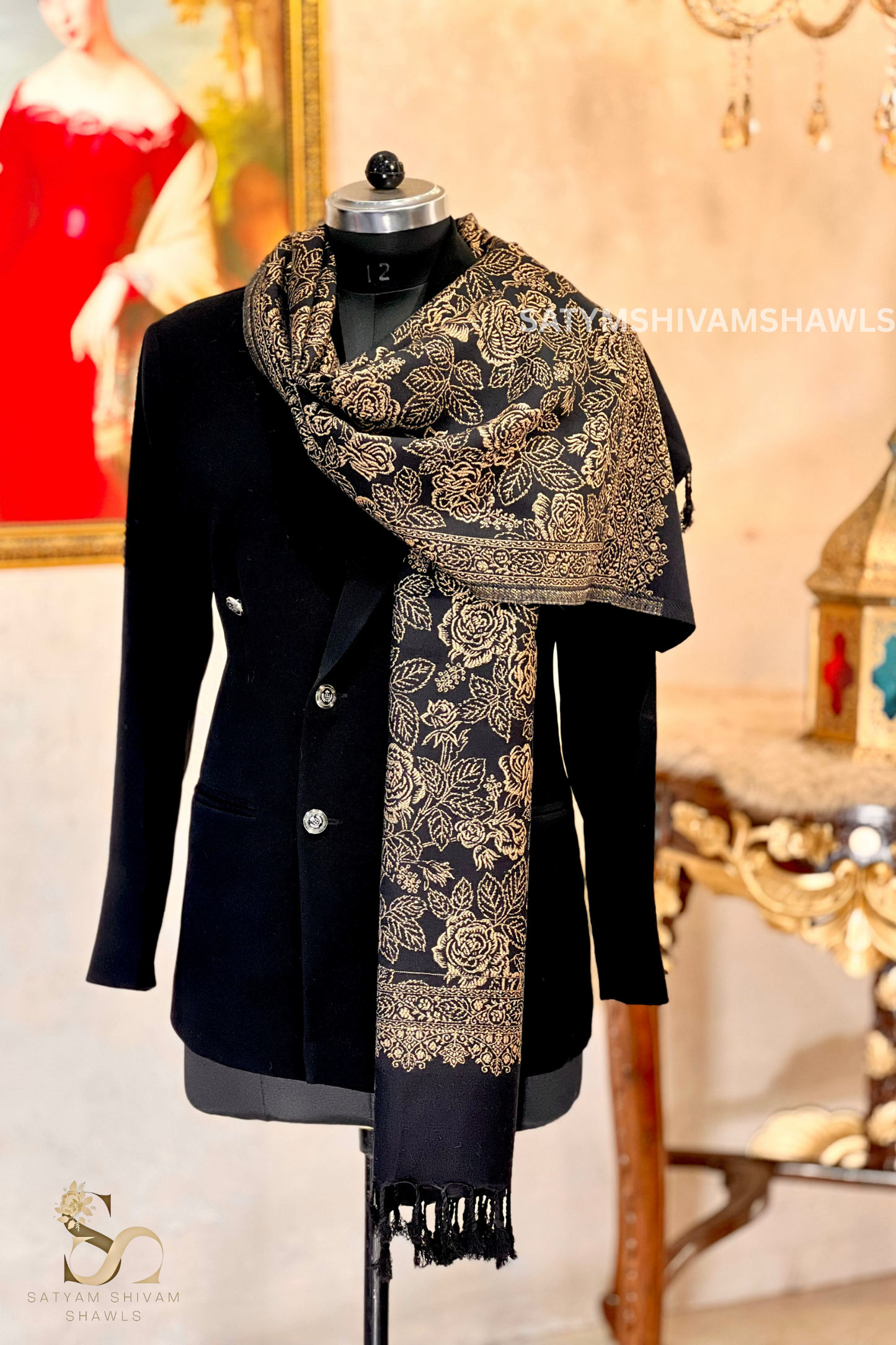 golden loom zari weaved stole,black