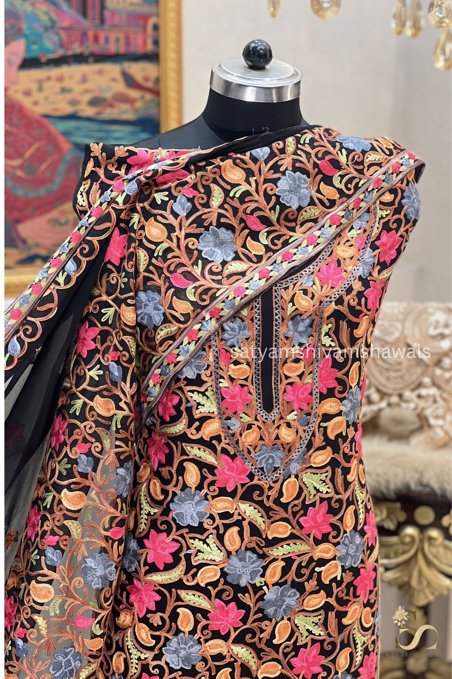 KASHMIRI NALKI  MULTI  EMROIDERY GEORGETTE SUIT BLACK  COLOUR