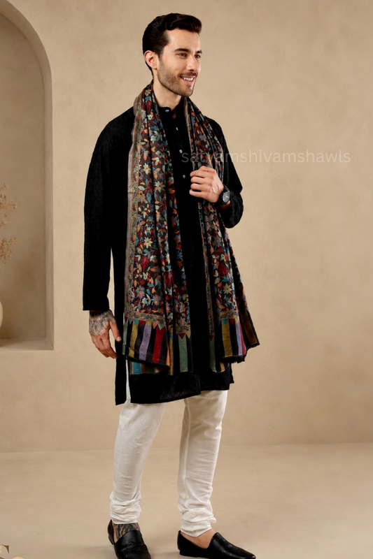 NAAQSH-E-KANI JAMAWAR SILK PASHMINA MENS SHAWLS,BLACK