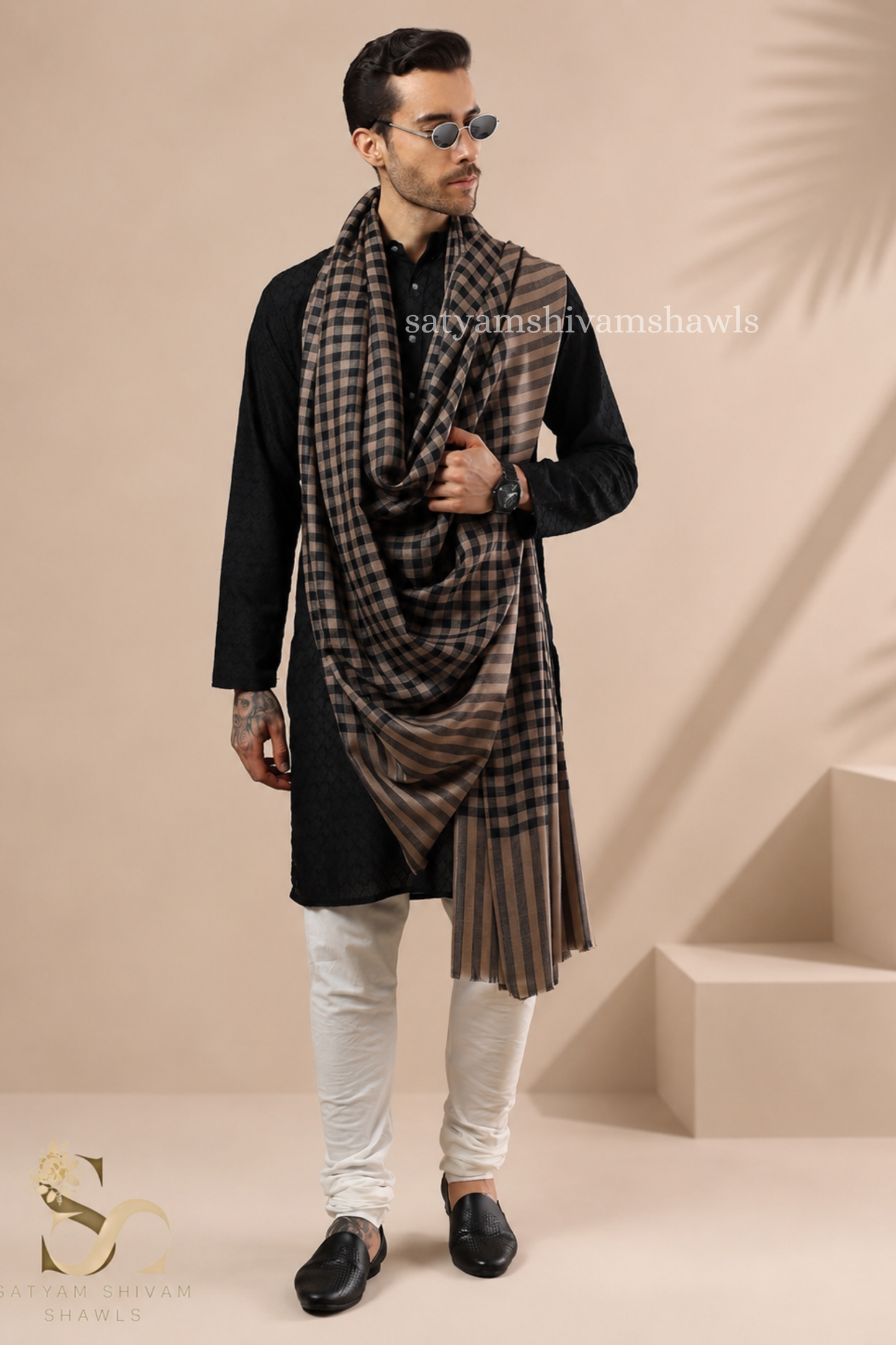 ROYAL LUXURY PASHMINA RING PASS GENTS LOHI MIST CHECK DESIGN ,BLACK TOOSH COMBINATION
