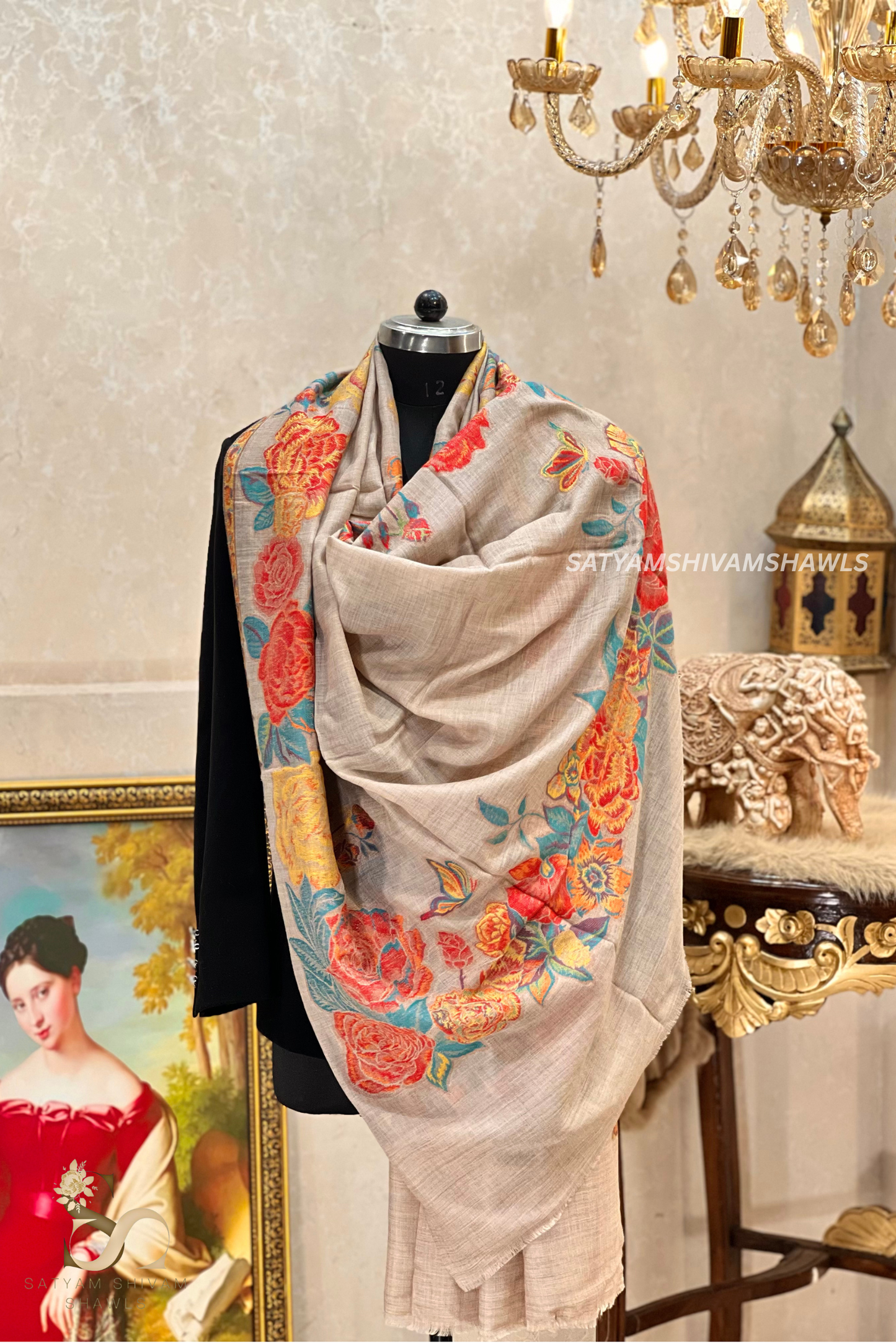 fine wool pashmina kani multi flower border design shawls