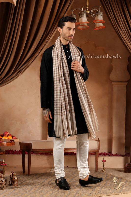 ROYAL LUXURY PASHMINA GENTS LOHI MIST CHECK DESIGN ,CAMEL SKIN,FULL SIZE