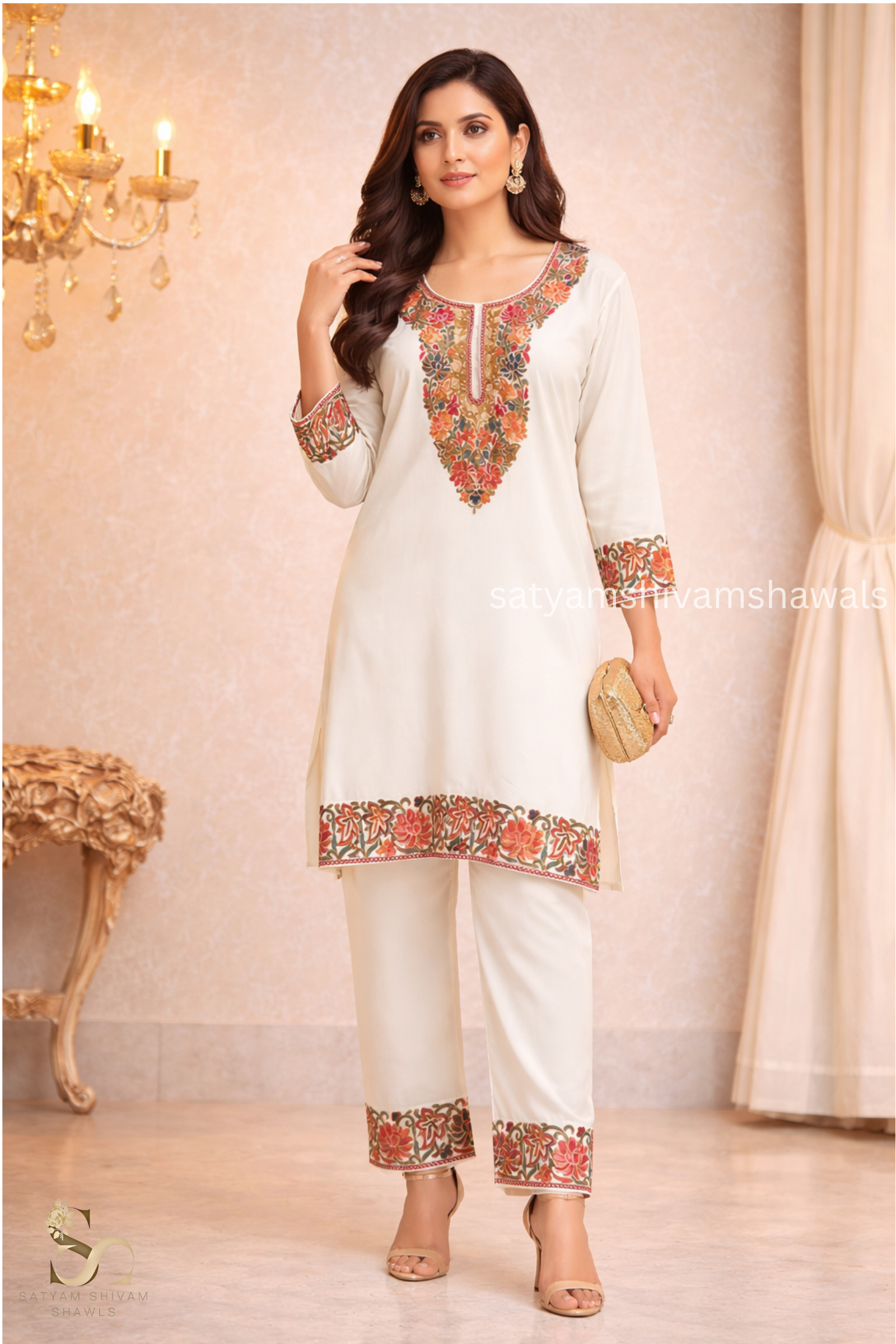 KASHMIRI NALKI  MULTI  EMROIDERY COAT SET WHITE  COLOUR