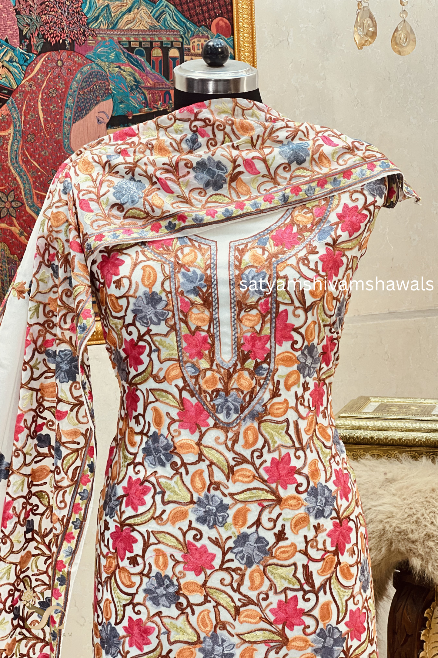 KASHMIRI NALKI  MULTI  EMROIDERY GEORGETTE SUIT WHITE  COLOUR