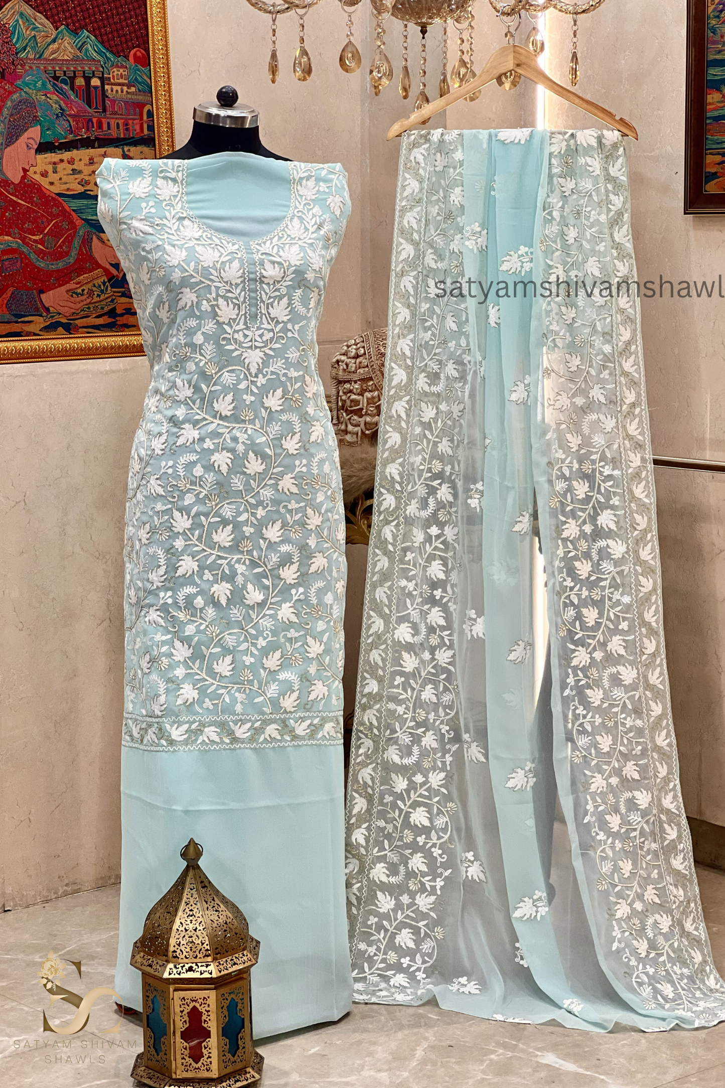 KHATOON KASHMIRI NALKI TILLA EMROIDERY GEORGETTE SUIT SKYICE BLUE COLOUR
