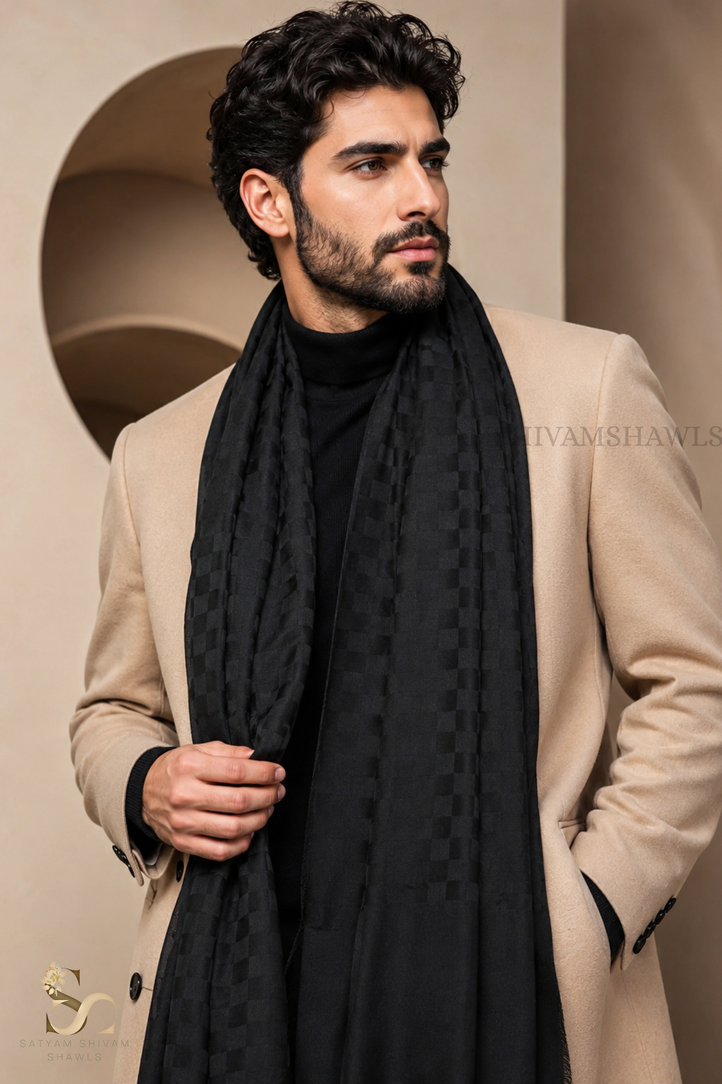EXTRA FINE WOOL MIST CHECK MENS STOLE, SOFT & LIGHT WEIGHT