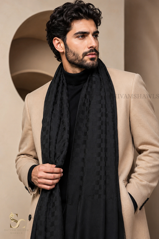 EXTRA FINE WOOL MIST CHECK MENS STOLE, SOFT & LIGHT WEIGHT