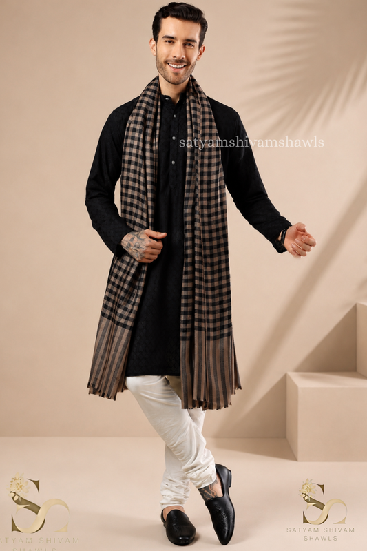 ROYAL LUXURY PASHMINA RING PASS GENTS LOHI MIST CHECK DESIGN ,BLACK TOOSH COMBINATION