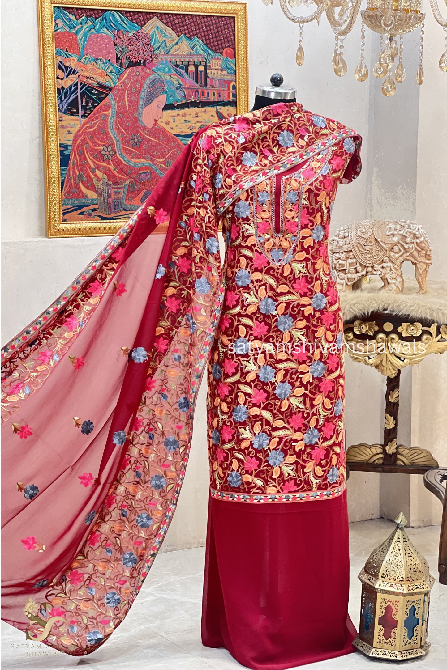 KASHMIRI NALKI  MULTI  EMROIDERY GEORGETTE SUIT MEHROON  COLOUR