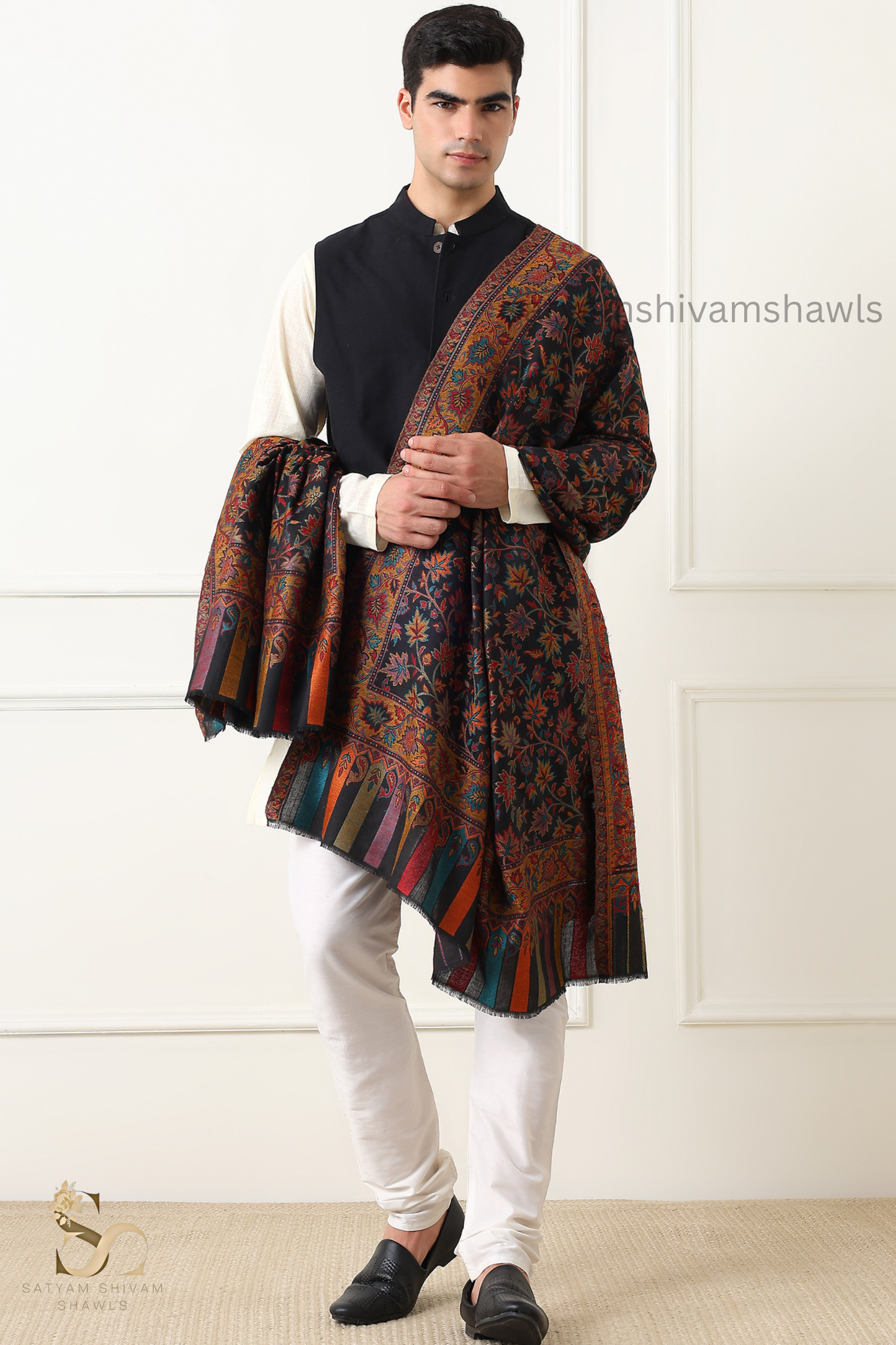MENS ETHNIC KASHMIRI CHINAR DESIGN KANI  SHAWL, Light Weight, Soft And Warm, BLACK