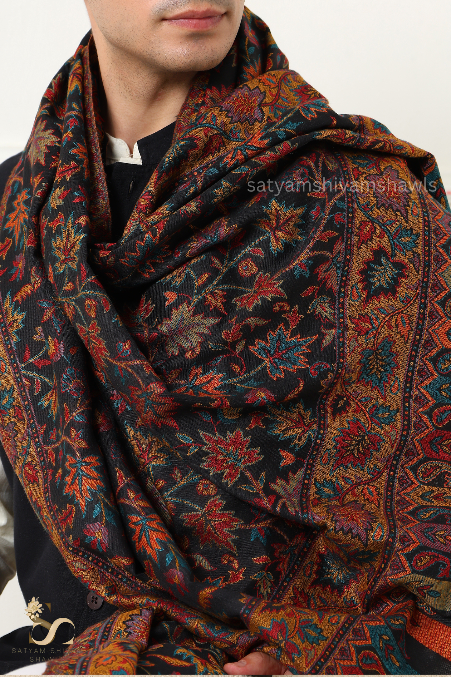 MENS ETHNIC KASHMIRI CHINAR DESIGN KANI  SHAWL, Light Weight, Soft And Warm, BLACK