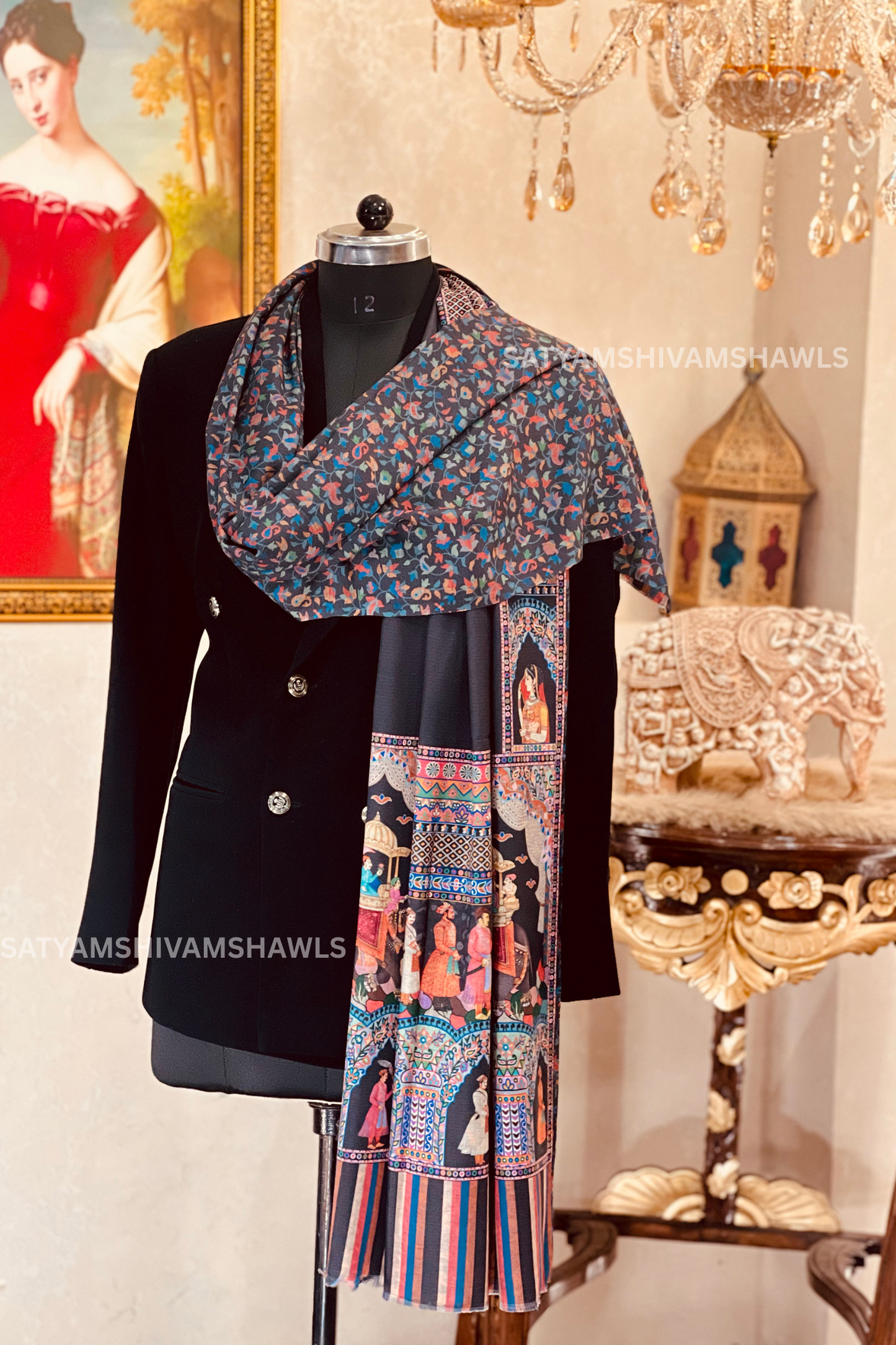 ISHQ-E-DHOLI PALLA REVERSIBLE  PURE WOOL KALAMKARI PRINT STOLE ,BLACK