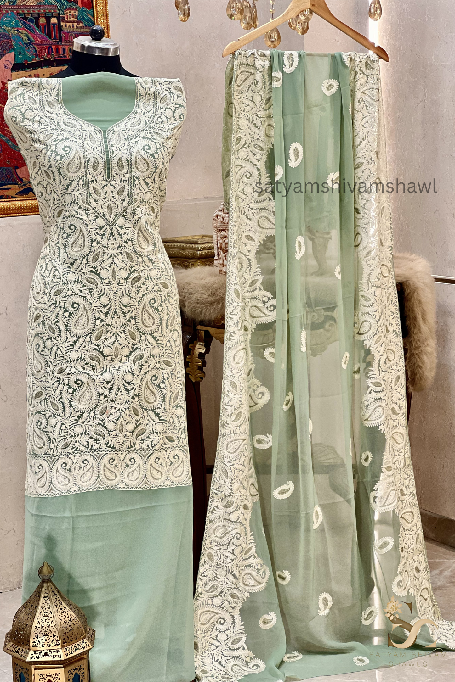 KASHMIRI NALKI TILLA EMROIDERY GEORGETTE SUIT GREEN  COLOUR