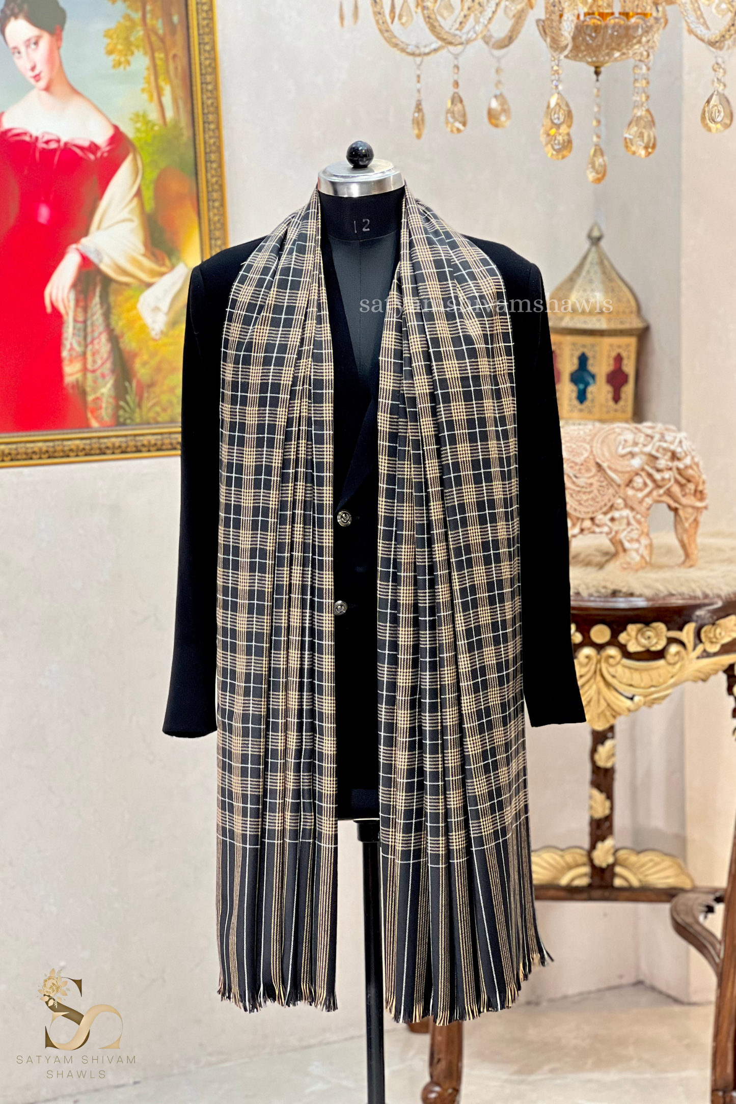 Mens Woven Check Shawl-pure wool , full size,black