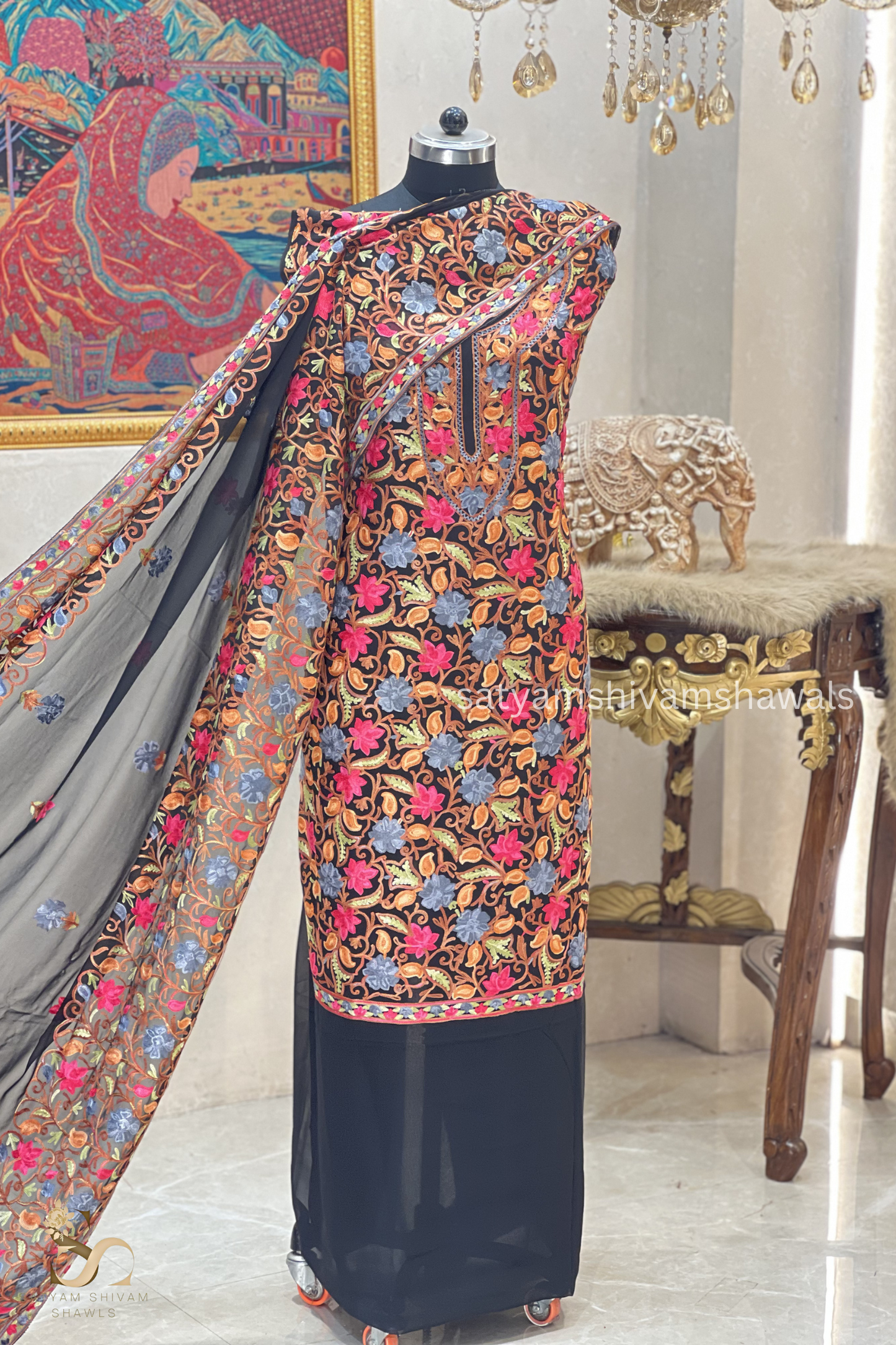 KASHMIRI NALKI  MULTI  EMROIDERY GEORGETTE SUIT BLACK  COLOUR