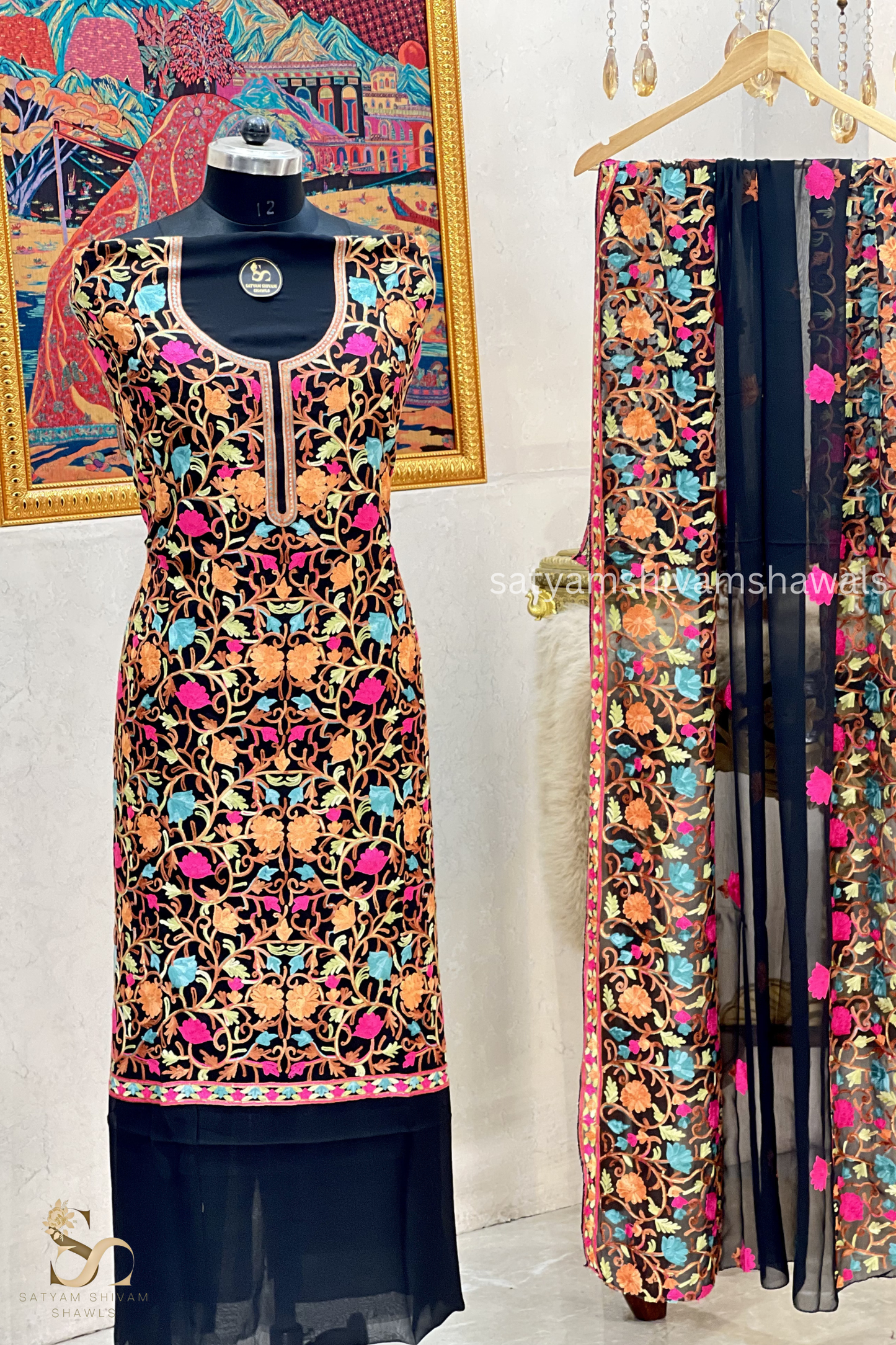 KASHMIRI NALKI  MULTI  EMROIDERY GEORGETTE SUIT BLACK  COLOUR