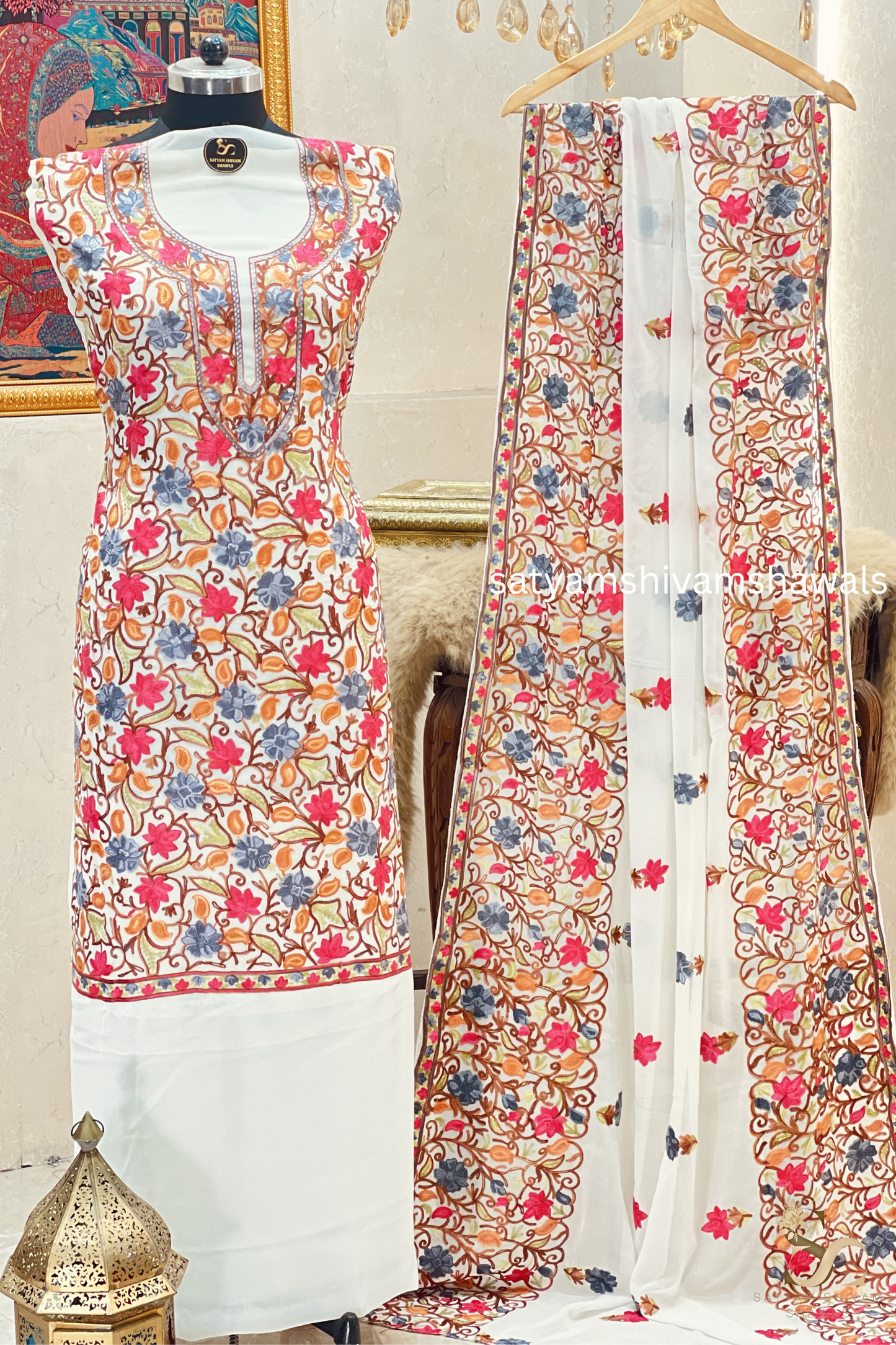 KASHMIRI NALKI  MULTI  EMROIDERY GEORGETTE SUIT WHITE  COLOUR