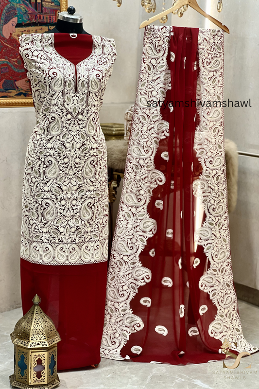 KASHMIRI MEHROON NALKI TILLA EMROIDERY GEORGETTE SUIT MEHROON  COLOUR