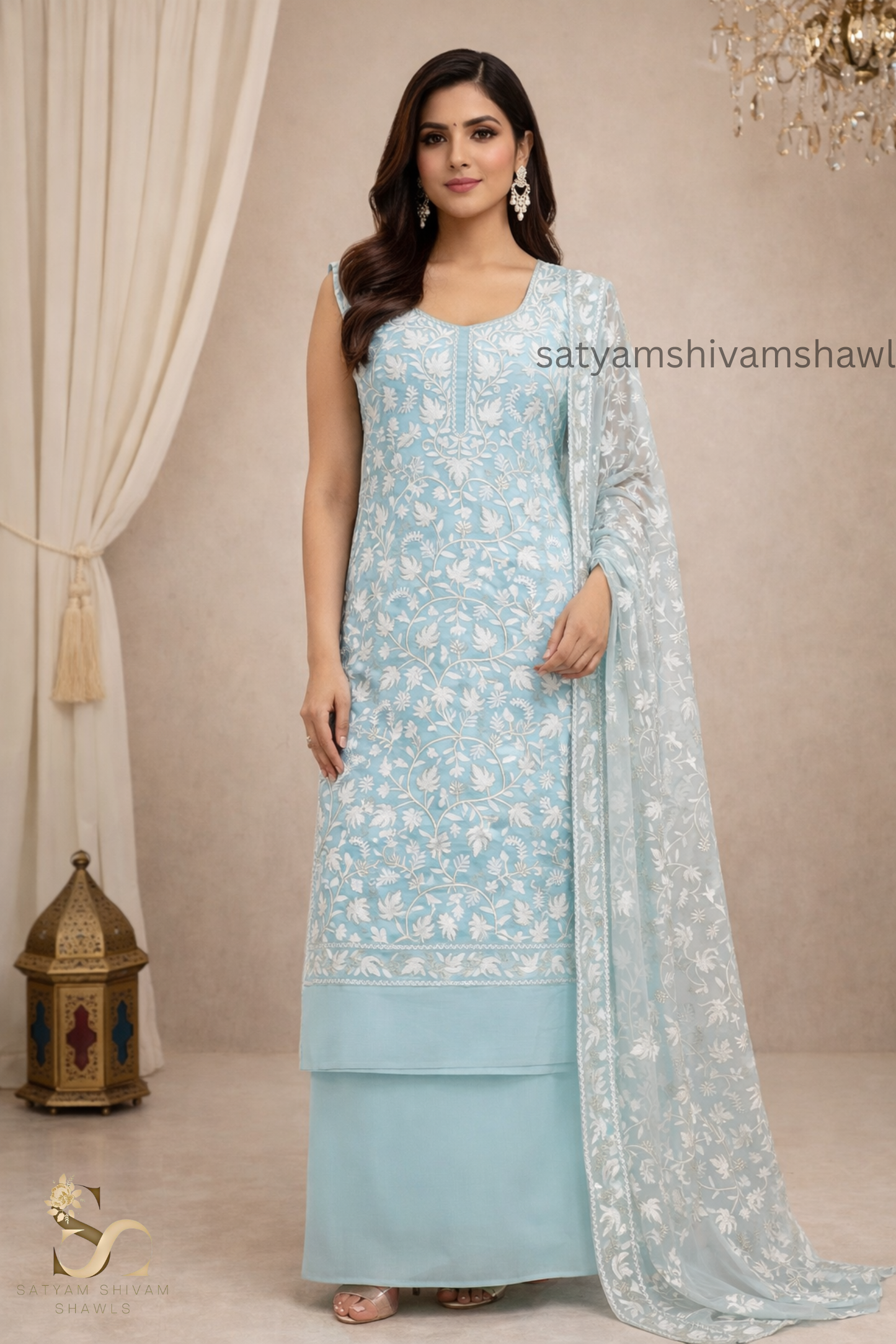 KHATOON KASHMIRI NALKI TILLA EMROIDERY GEORGETTE SUIT SKYICE BLUE COLOUR