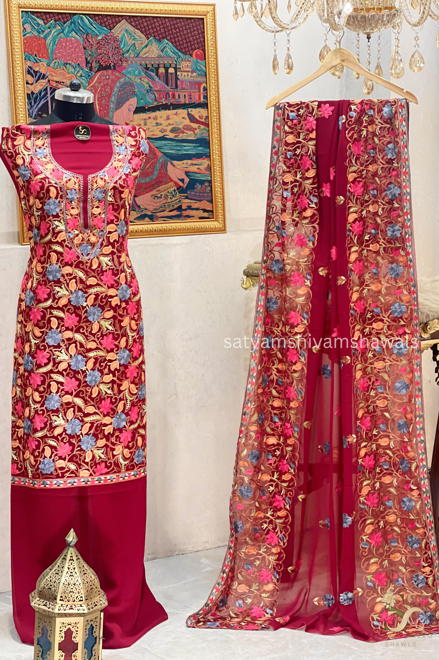 KASHMIRI NALKI  MULTI  EMROIDERY GEORGETTE SUIT MEHROON  COLOUR