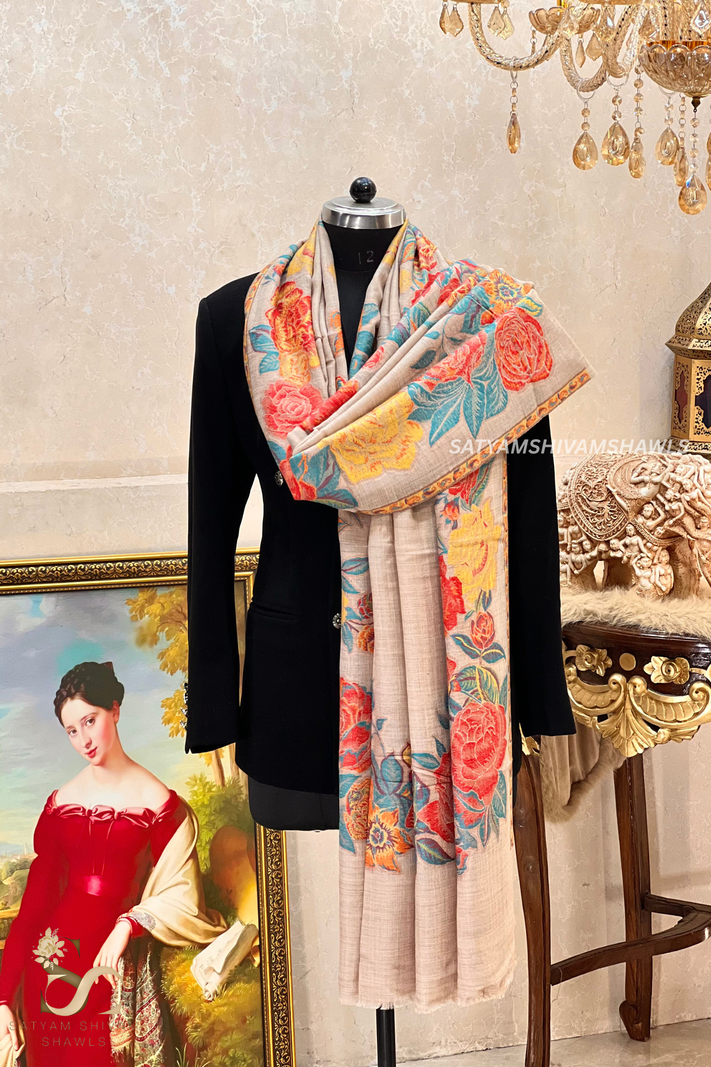 fine wool pashmina kani multi flower border design shawls