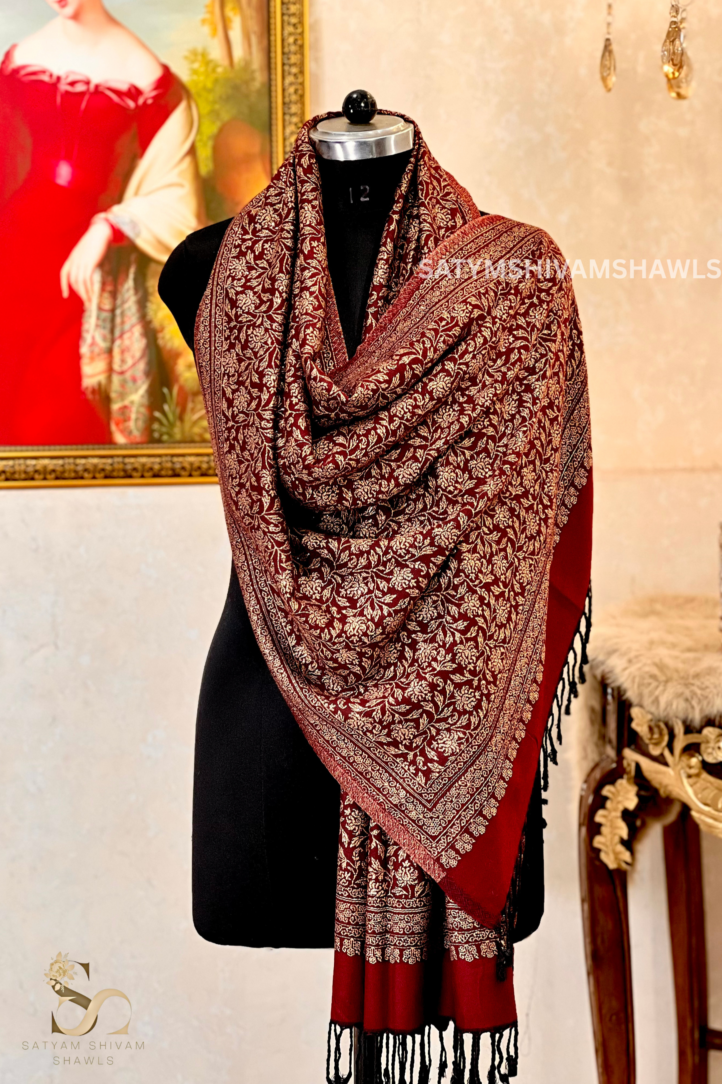 golden loom zari weaved stole,mehroon