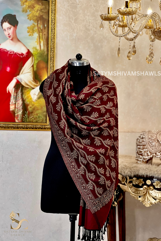 pure wool zari weaved stole,wine