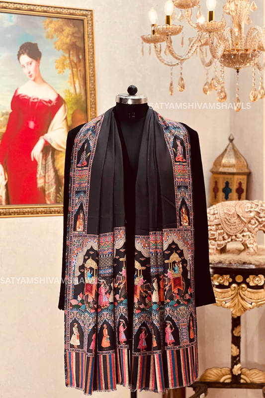 ISHQ-E-DHOLI PALLA REVERSIBLE  PURE WOOL KALAMKARI PRINT STOLE ,BLACK