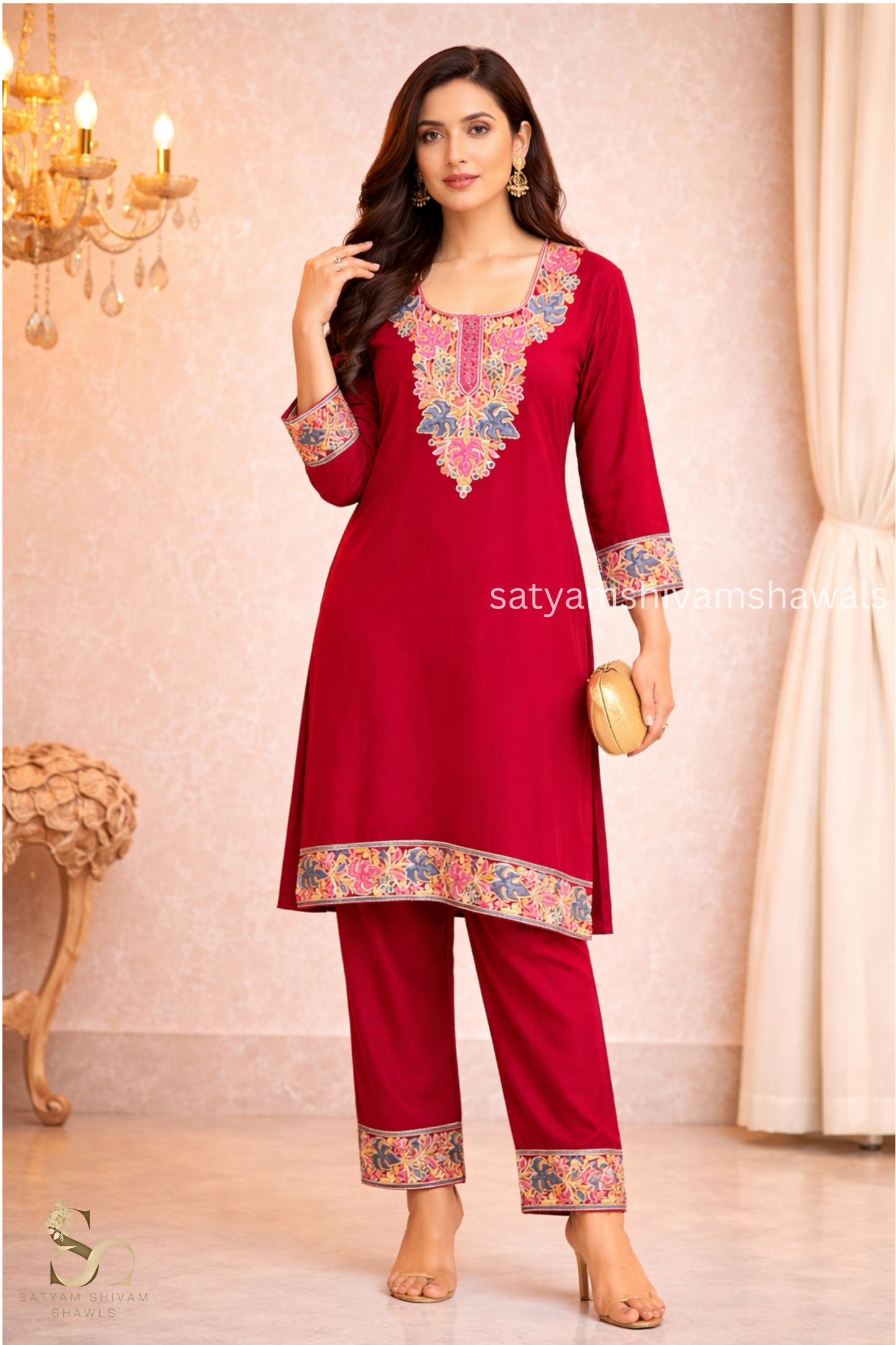 KASHMIRI NALKI  MULTI  EMROIDERY COAT SET MEHROON  COLOUR