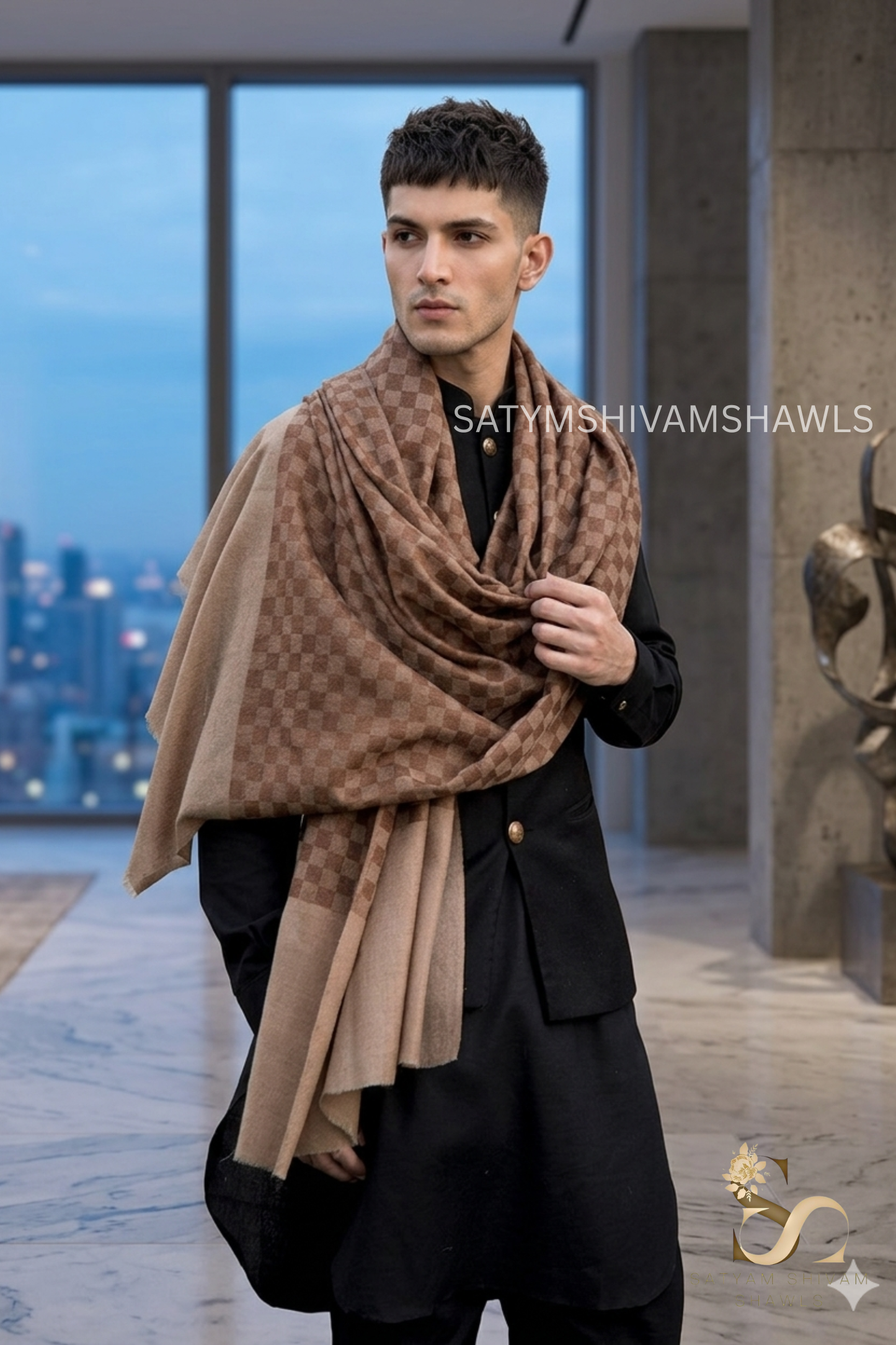 Fine wool check mens stole,light weight & soft