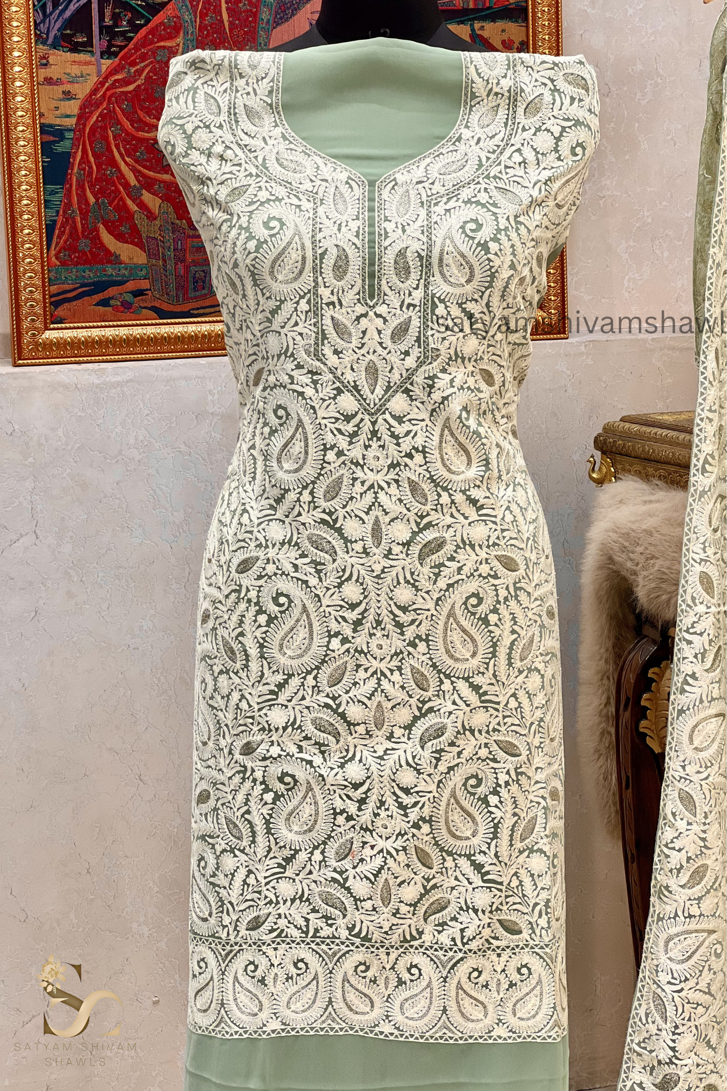 KASHMIRI NALKI TILLA EMROIDERY GEORGETTE SUIT GREEN  COLOUR