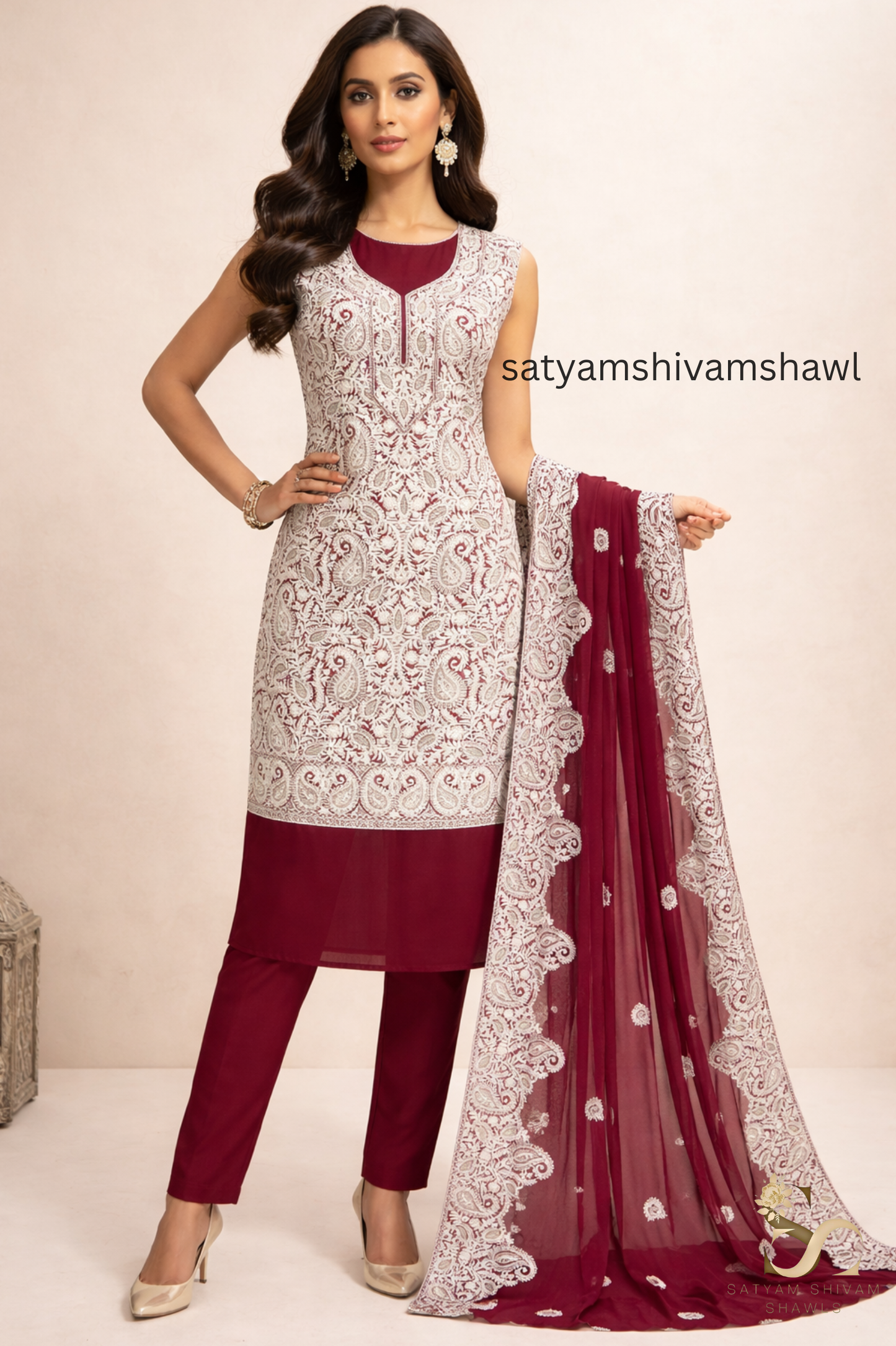 KASHMIRI MEHROON NALKI TILLA EMROIDERY GEORGETTE SUIT MEHROON  COLOUR