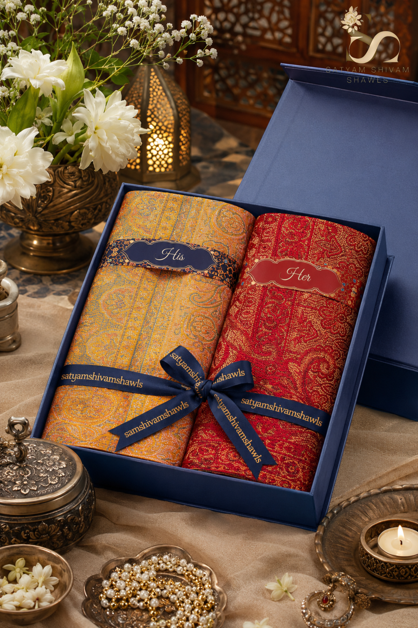 His & Her gift box (men check stole & womens kani shawl )with premium box packaging