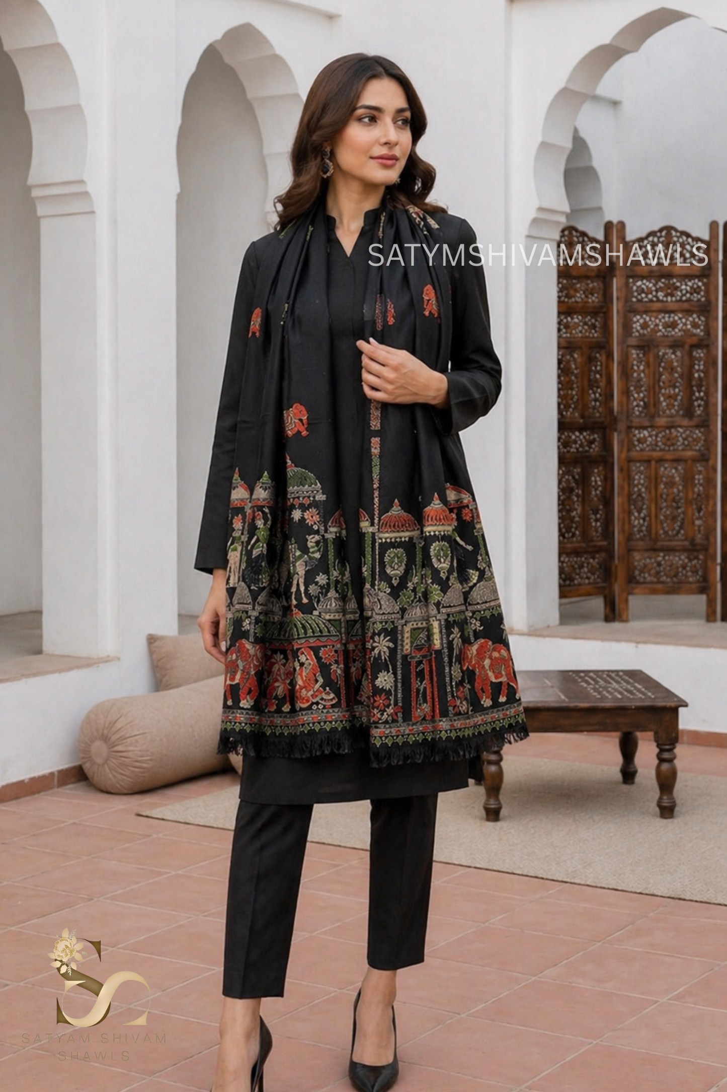 Dholi theme elephant design pure wool stole,black