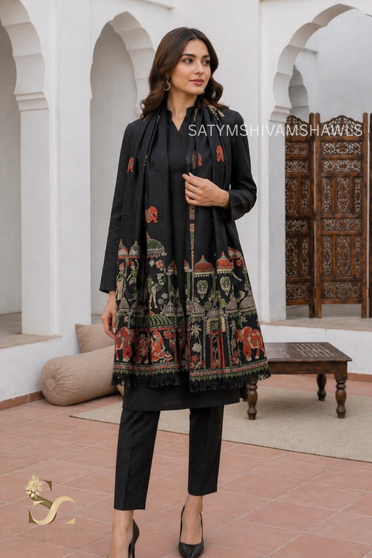 Dholi theme elephant design pure wool stole,black