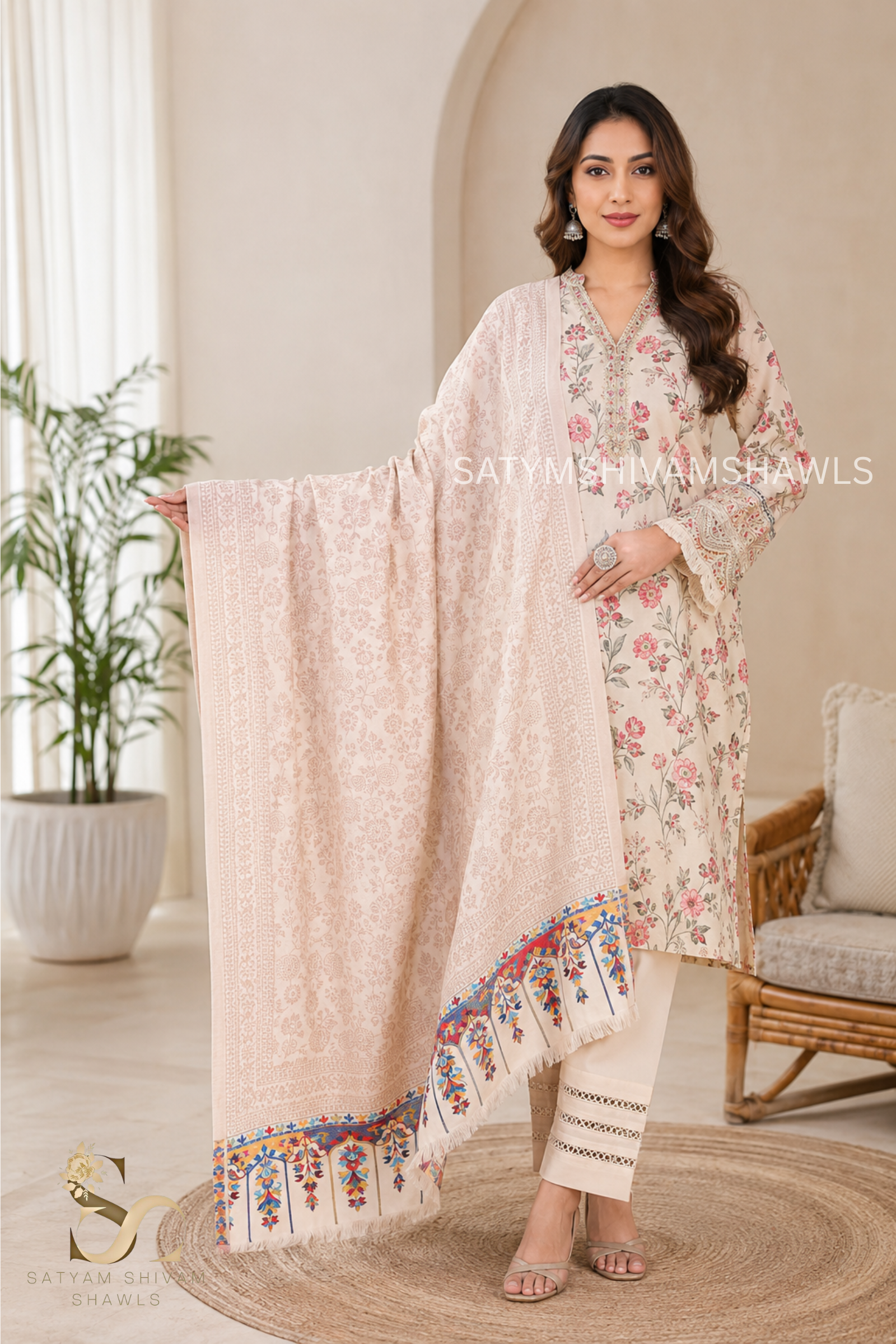 PURE WOOL ETHNIC KANI WEAVED SHAWL,WARM AND SOFT,WHITE