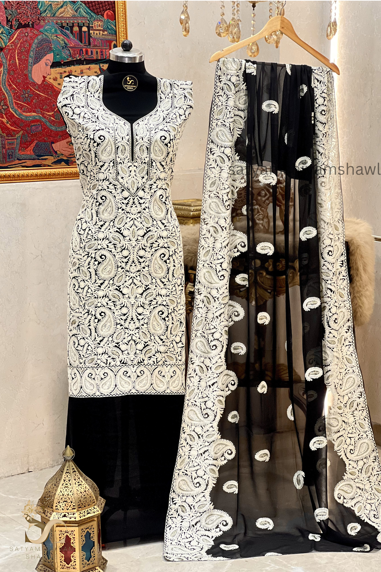 KASHMIRI NALKI TILLA EMROIDERY GEORGETTE SUIT BLACK  COLOUR