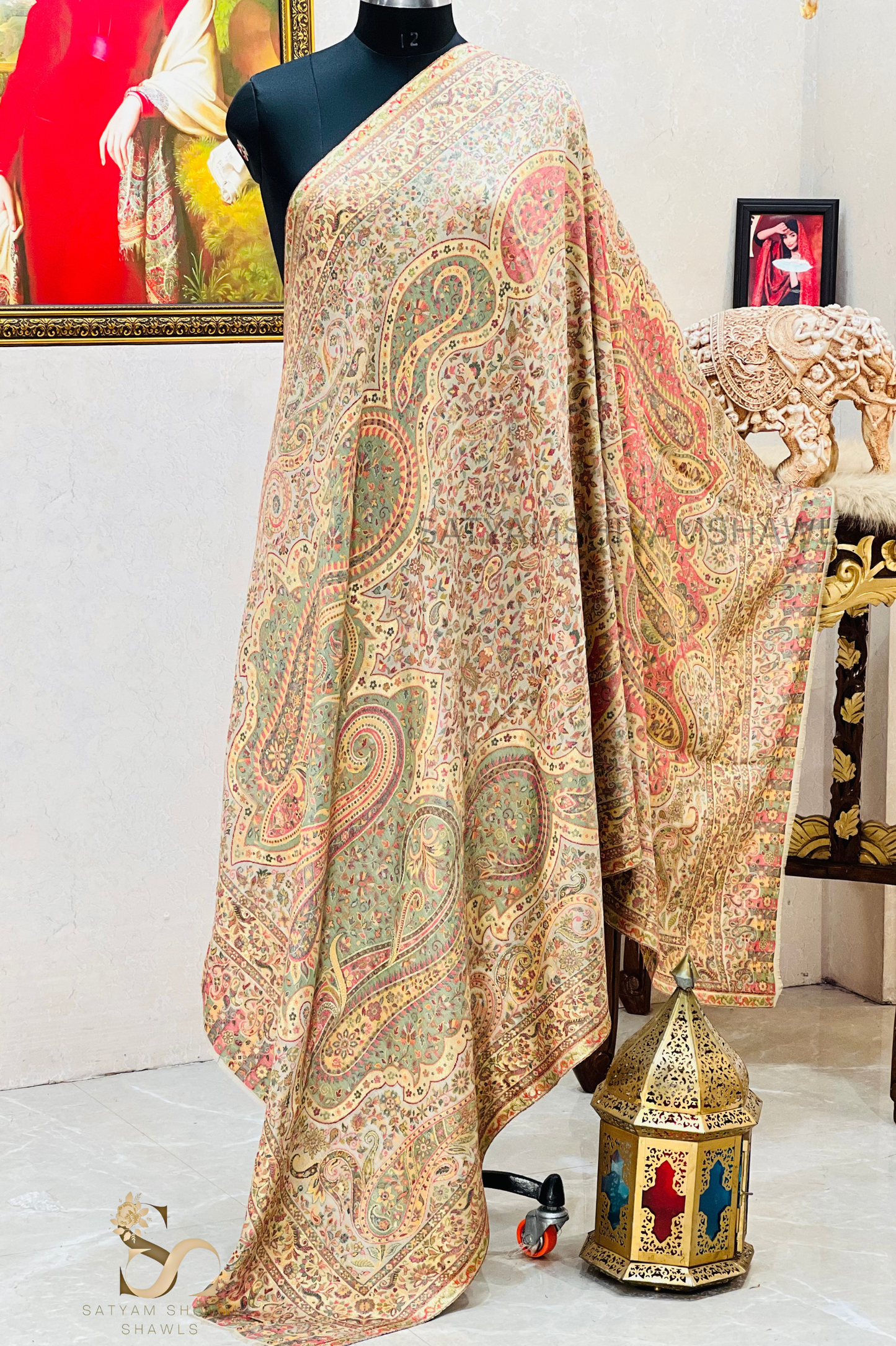 TURKEY ARABIC ZARI  KANI WOVEN SHAWL,WARM AND SOFT,VINTAGE BEIGE